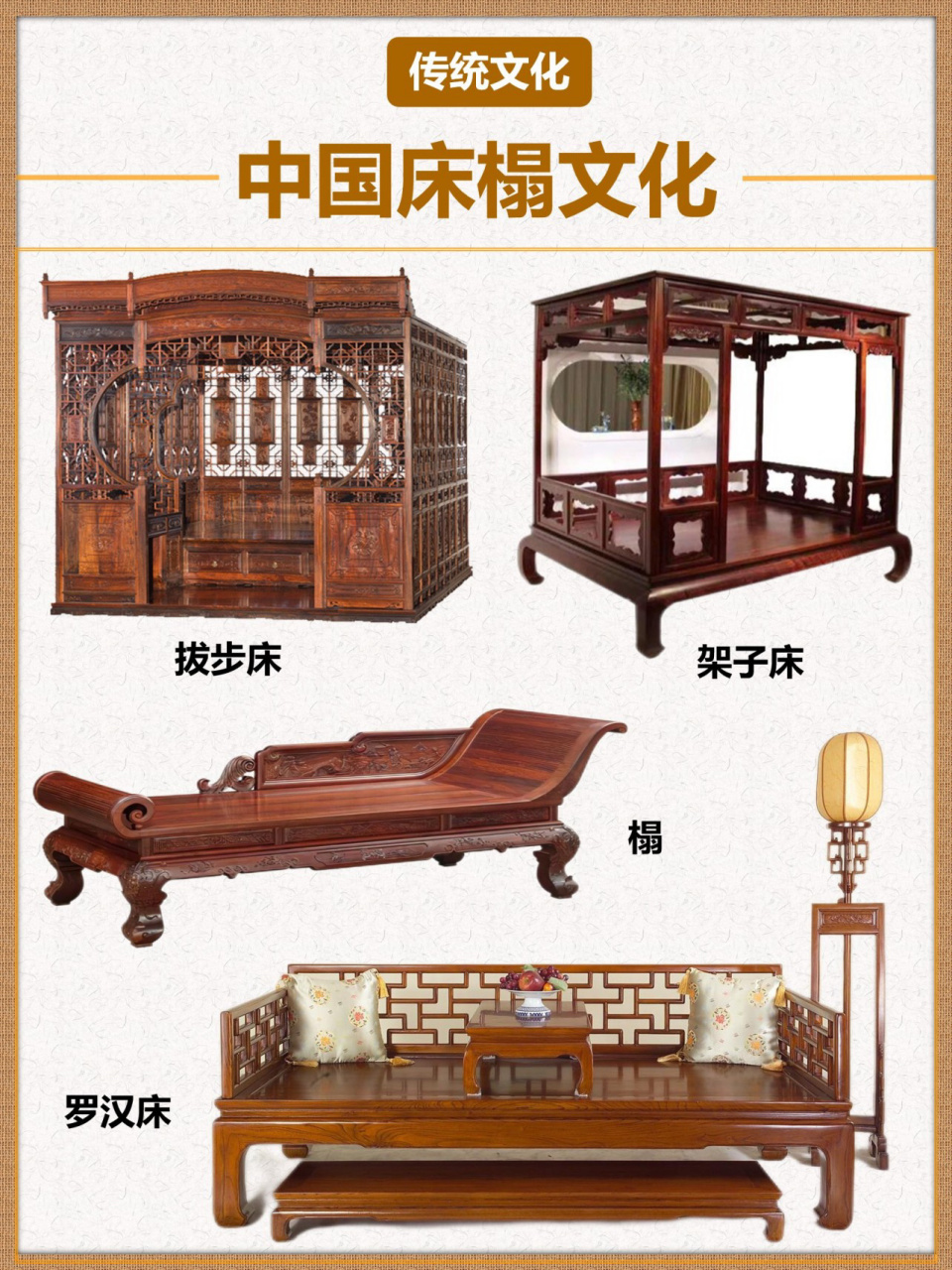 95中国古代家具中卧具形式有四种,即榻,罗汉床,架子床,拔步床.