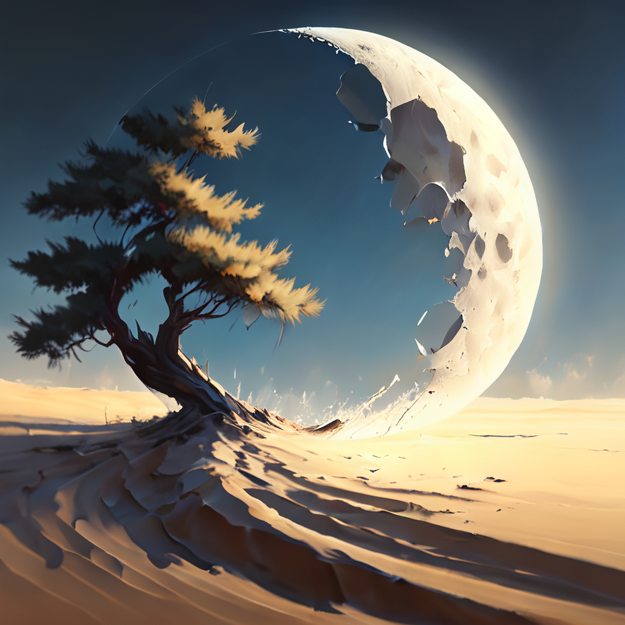 油画体积光,概念艺术,松梢清影碎,薄月带沙流.高清