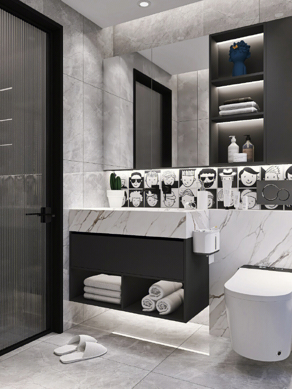 4平米的黑白灰现代卫生间设计!