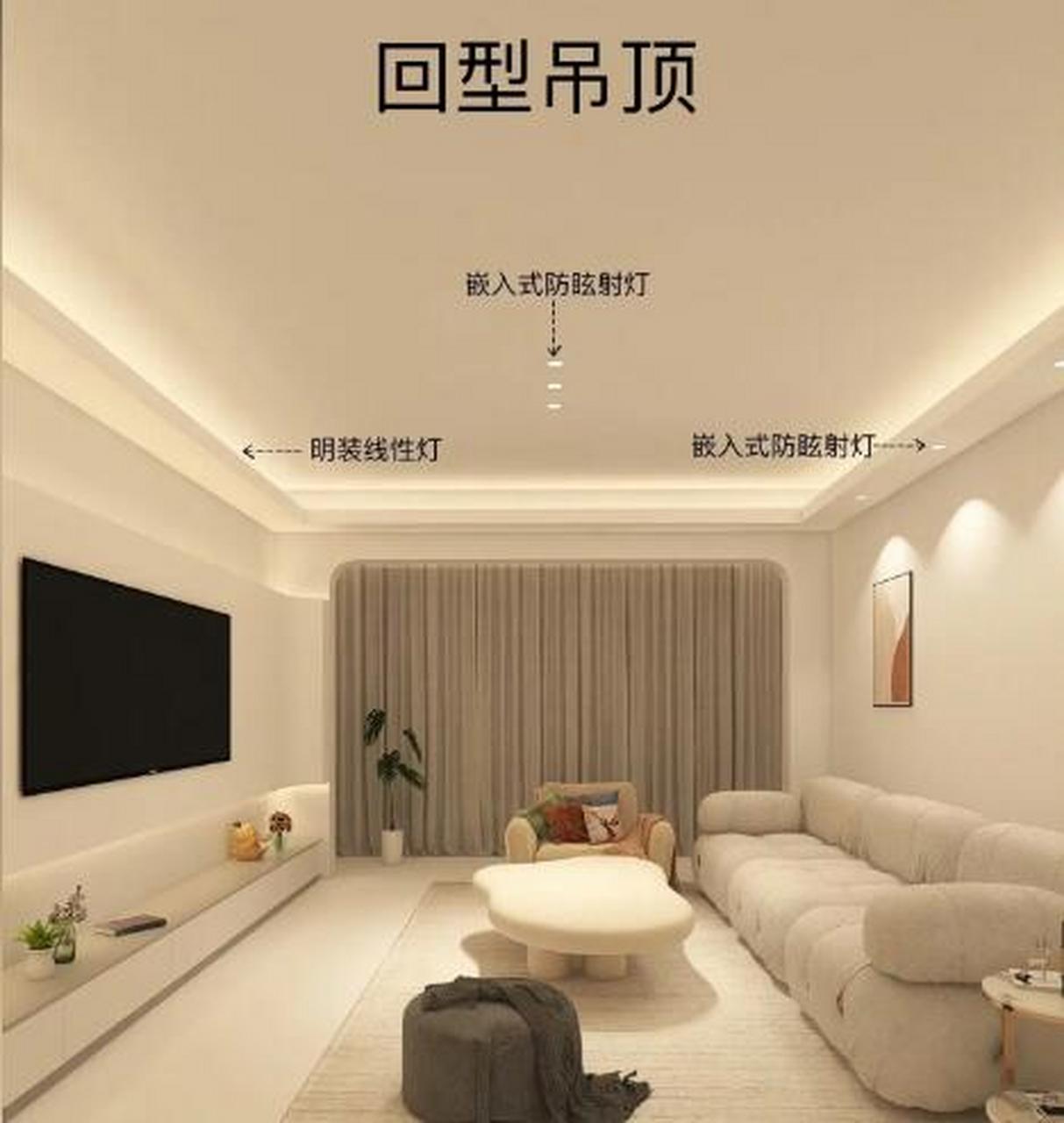 6米以上的层高,回型吊顶中间凹槽四周突出,安装灯具,用于中间主照明