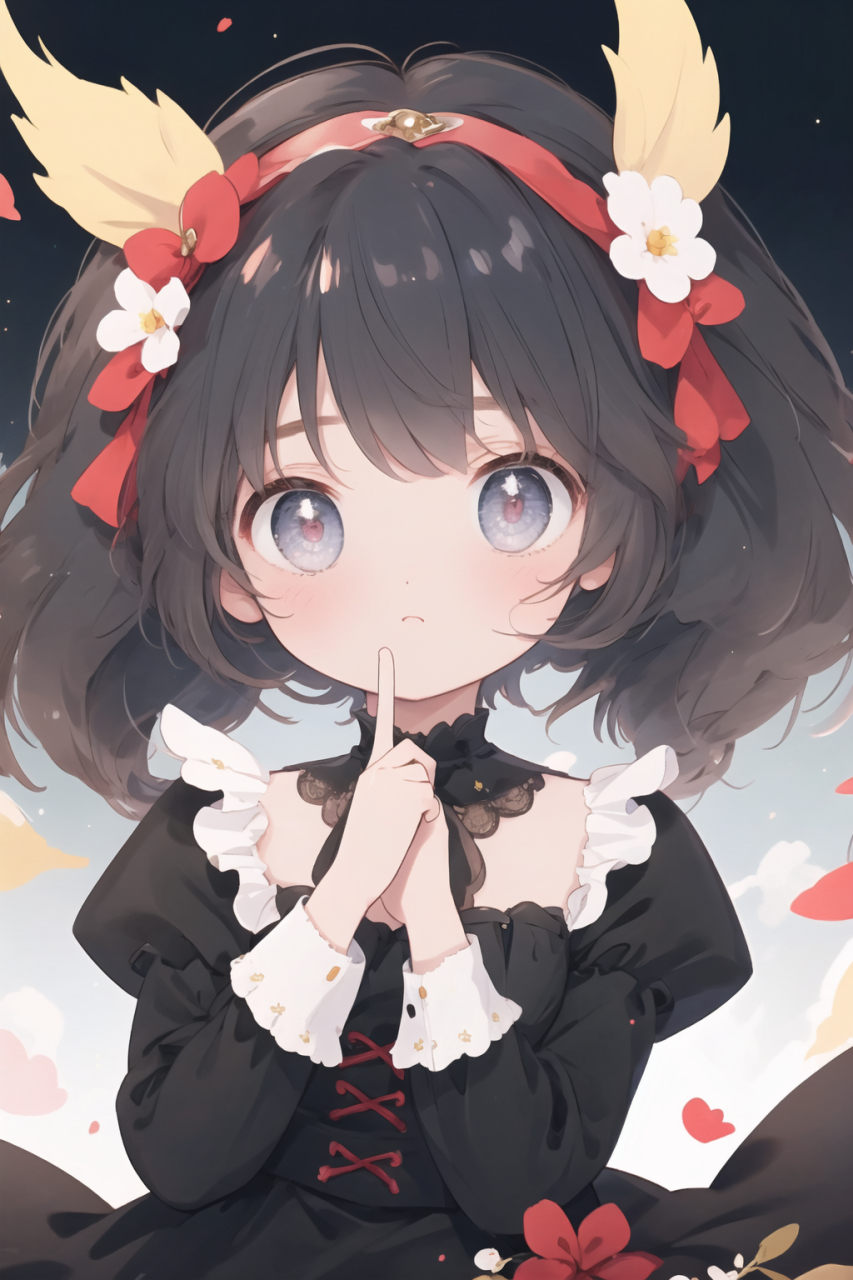 动漫女孩似天仙, 头戴珠宝巧发饰. 身姿曼妙着黑衣, 裙摆轻扬舞翩跹.