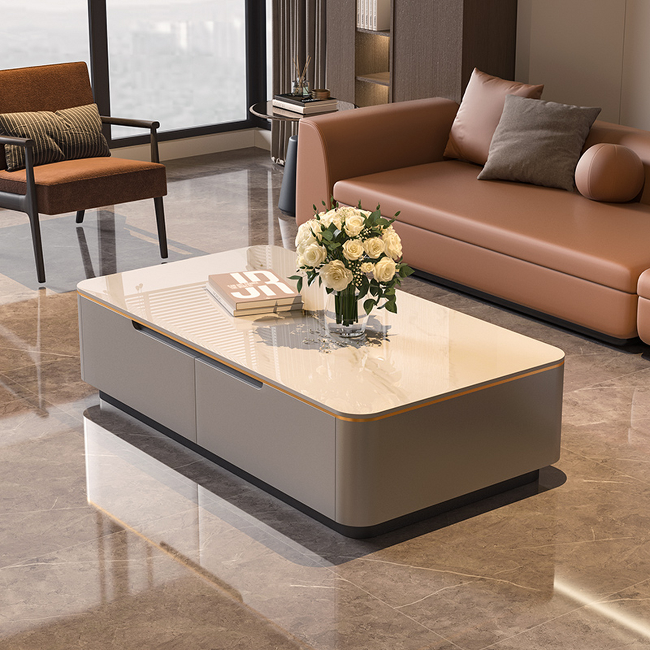 墨素轻奢长方形茶几北欧现代小户型茶几电视柜组合客厅家用岩板茶几桌