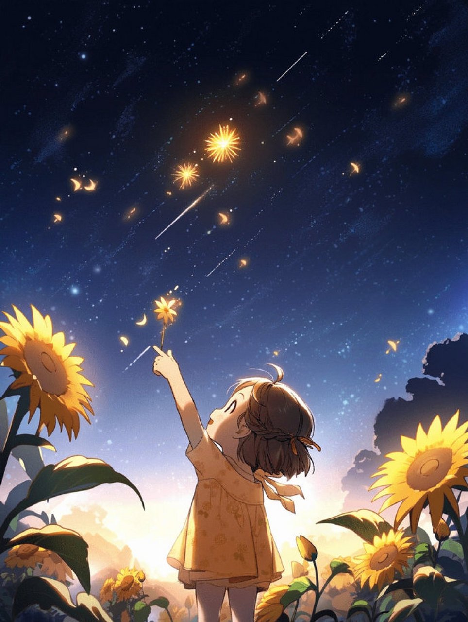 星空下太阳花女孩治愈背景图/壁纸  76好温暖9720422099
