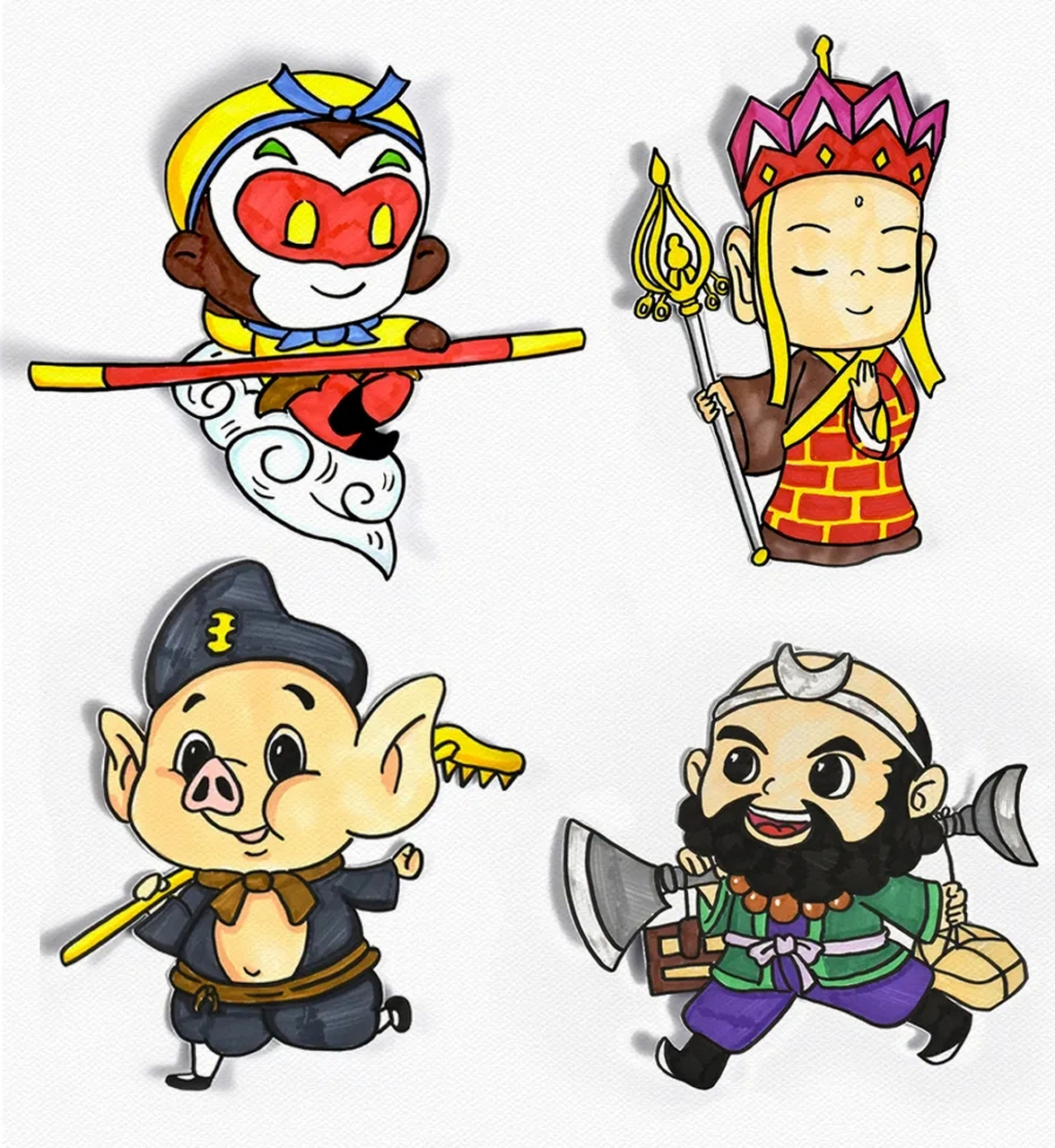 《西游记》中师徒四人的外貌特征,结合素材发挥想象,运用卡通画的方式