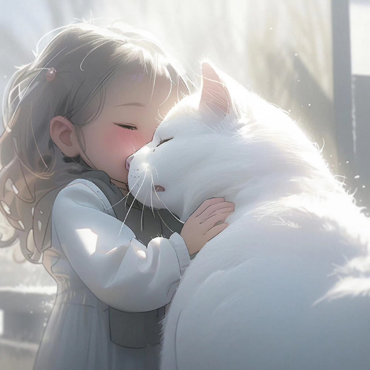 动漫# #ai共创计划# 治愈的大白猫和小女孩