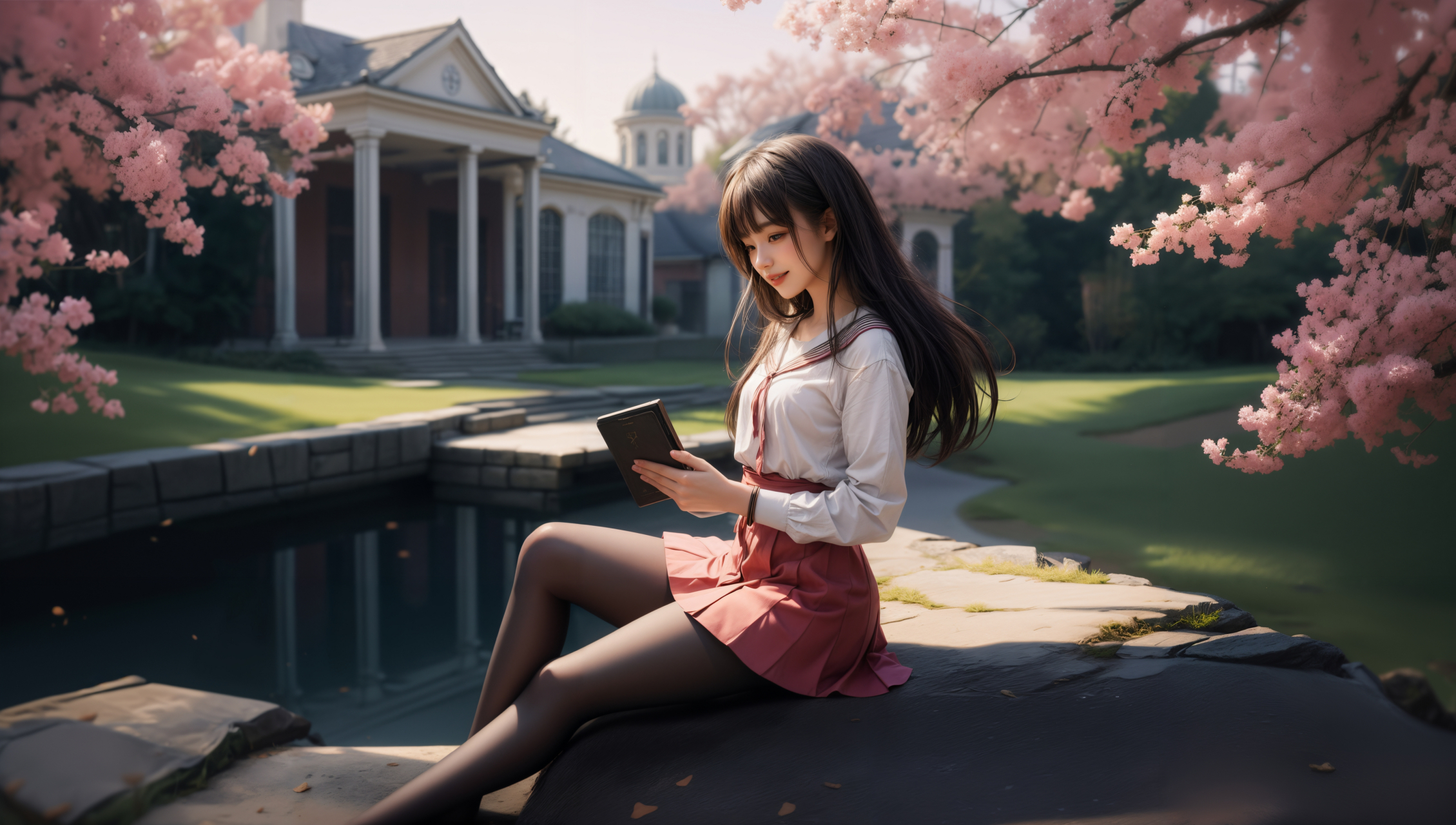 ai美女壁纸# 每日ai美女秀	她穿着粉色水手服,坐在校园的长椅上,送热