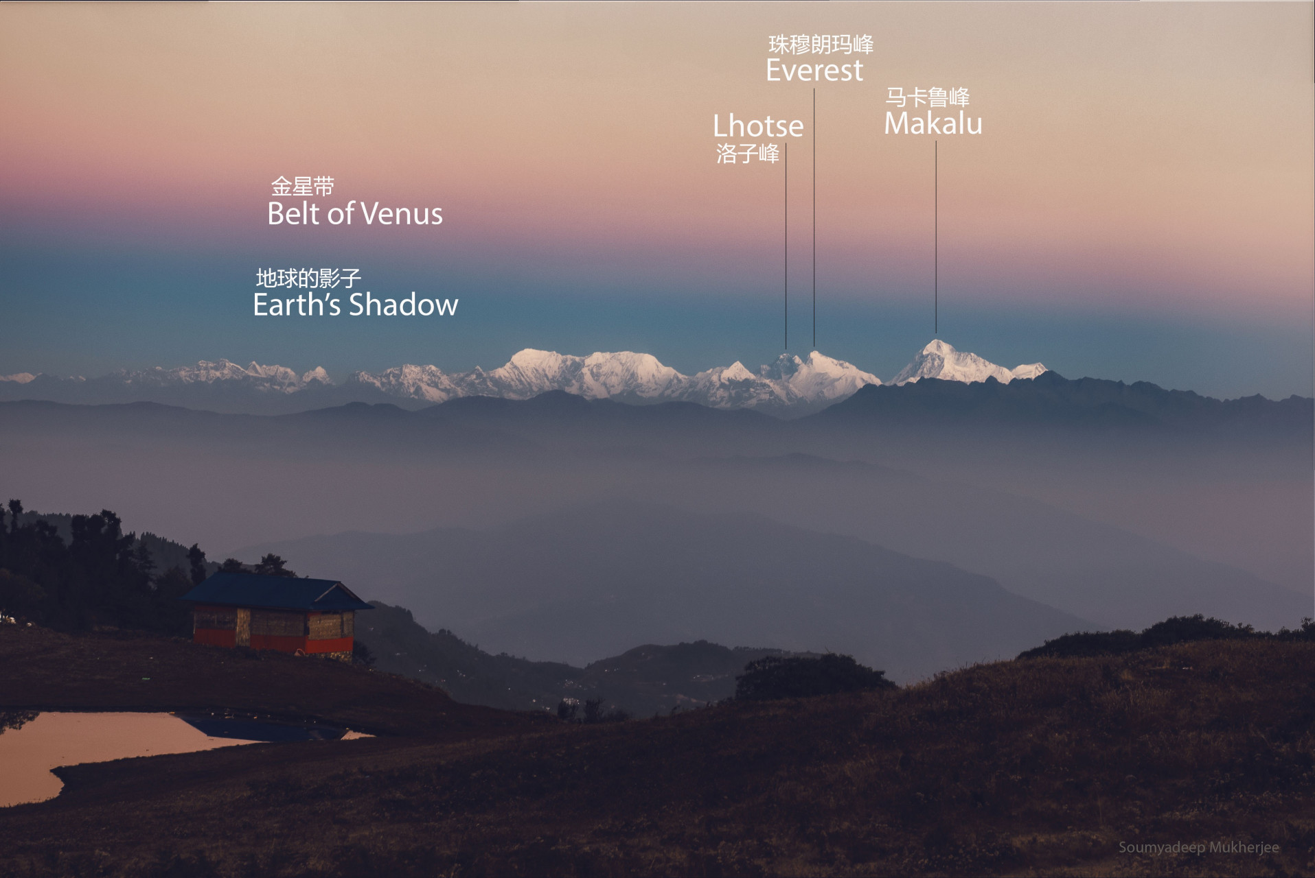 这个名为金星带的色偏带,介于受到地球影子遮掩的暗色天空与蓝天之间