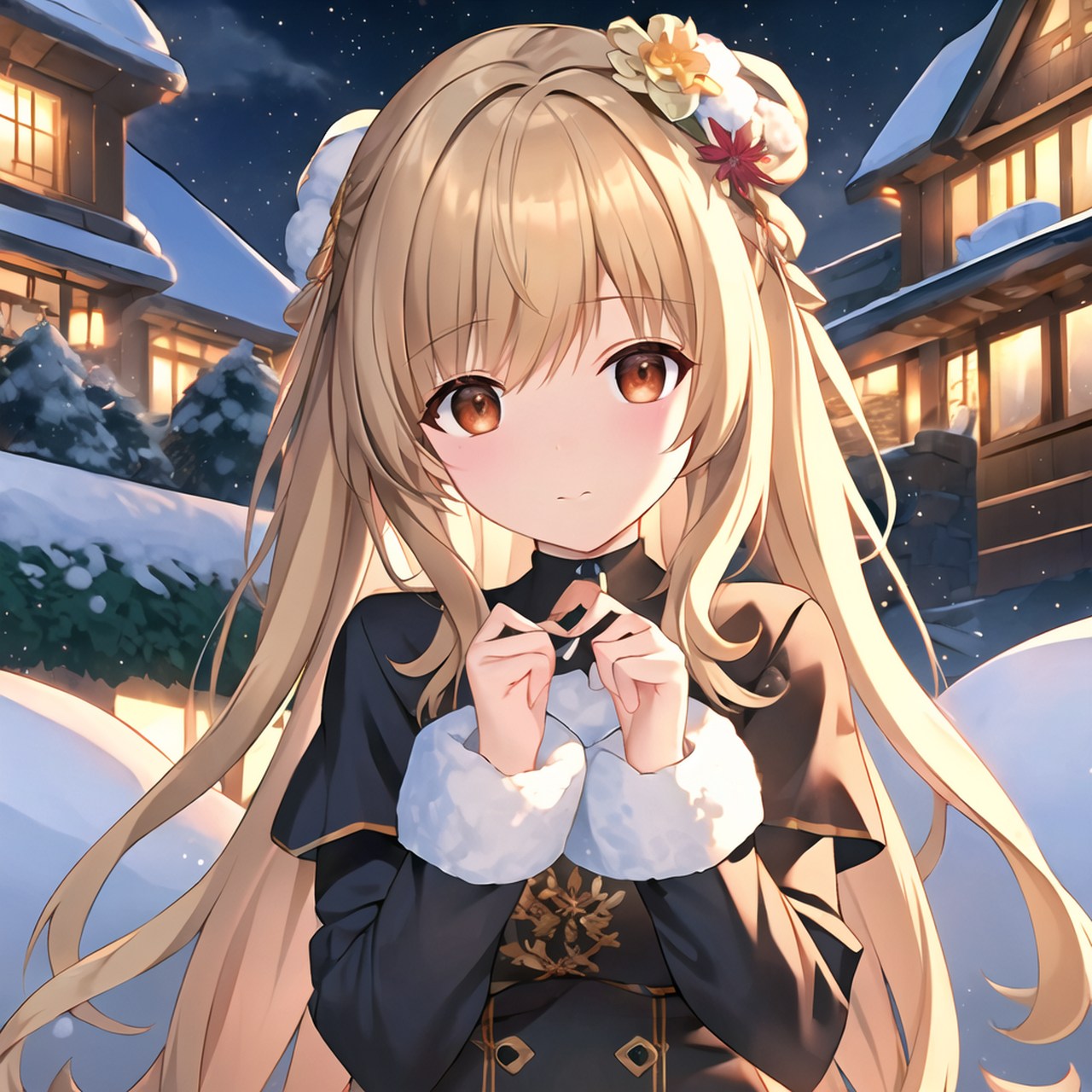 月色映照窗边影, 动漫女孩静思中. 屋外灯光添诗意, 唯美画面驻心中.