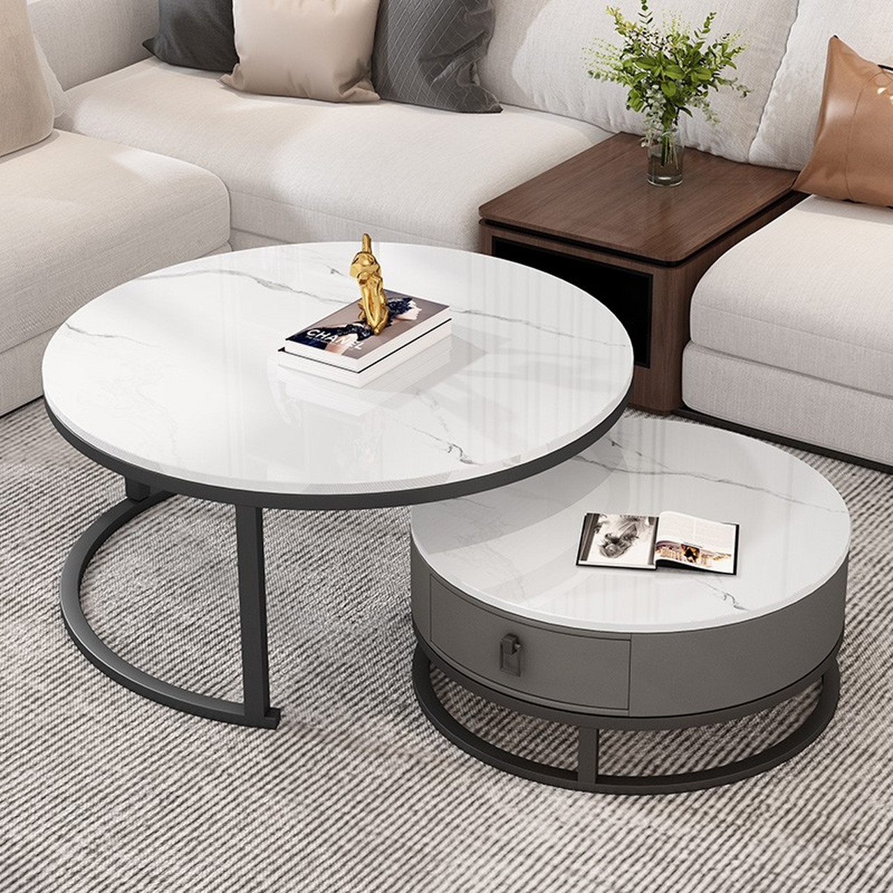 凡社茶几 圆形组合茶几岩板 简约客厅抽屉小圆桌北欧轻奢皮质软包圆几