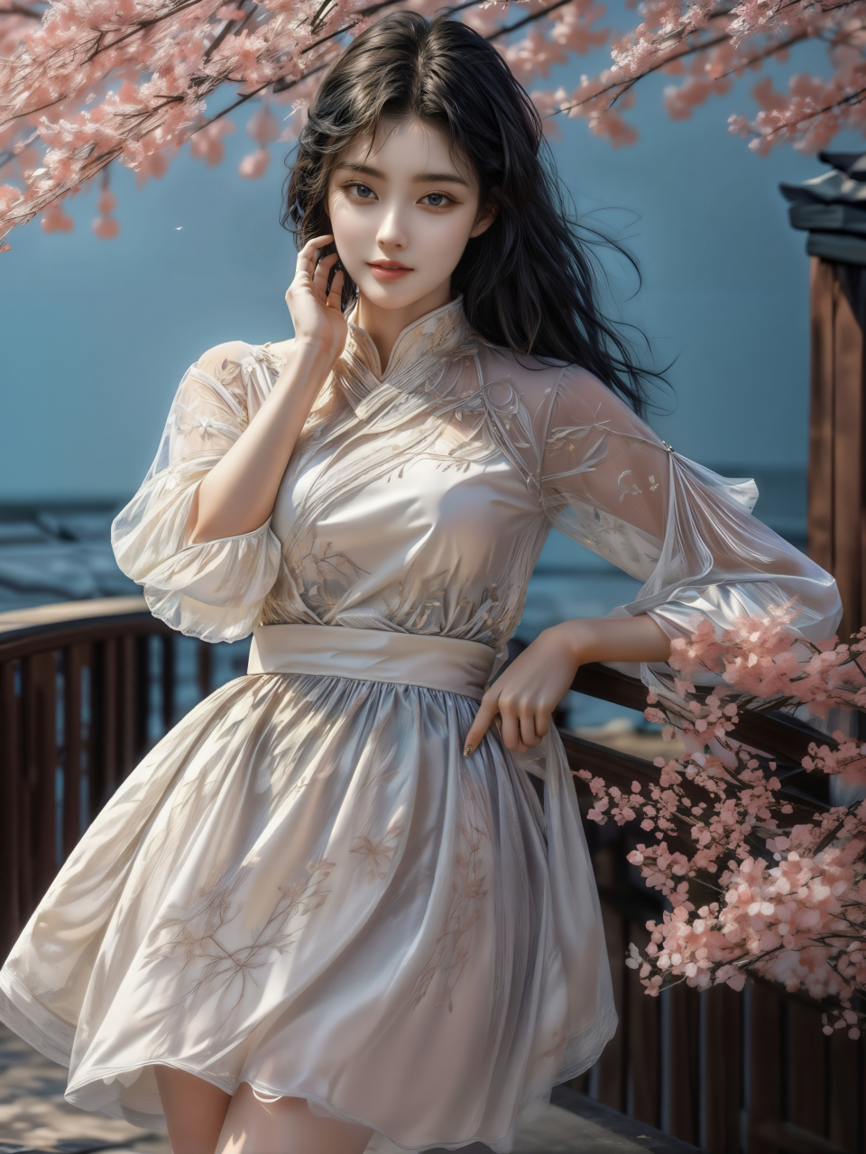 每日ai美女秀	阳光透过树枝的缝隙洒在小姐姐身穿白色丝绸汉服的身上