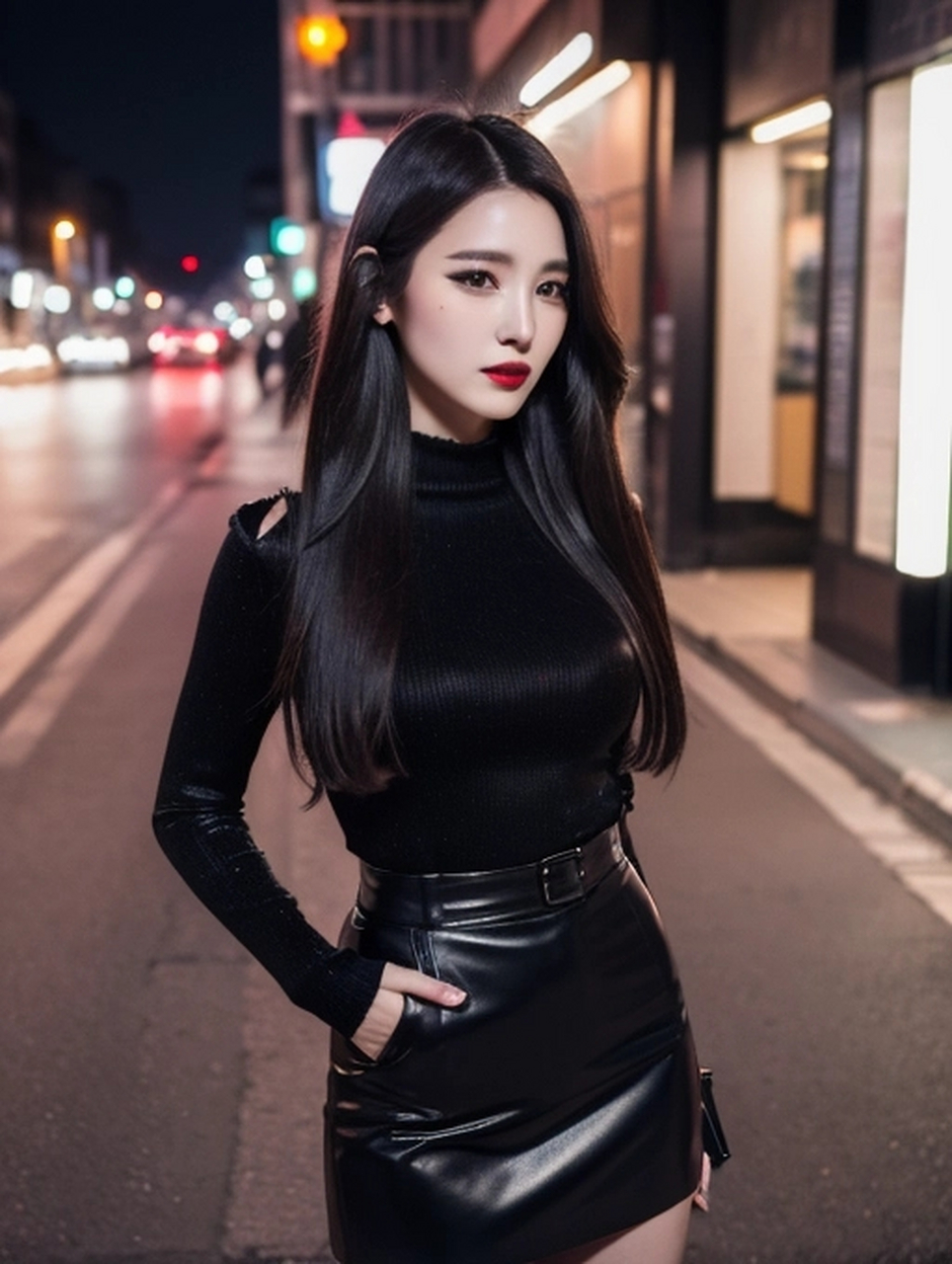 ai美女# 黑色皮裙烟熏妆直发美女街拍