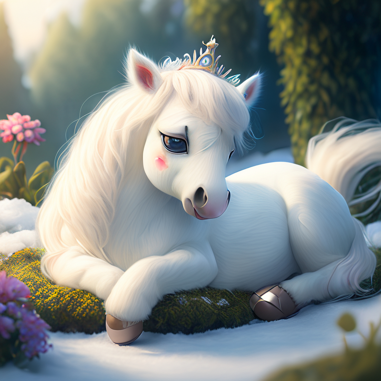 可爱的白色小马打扮成雪女王,有九条尾巴,皮克斯风格,拟人化,在花园里