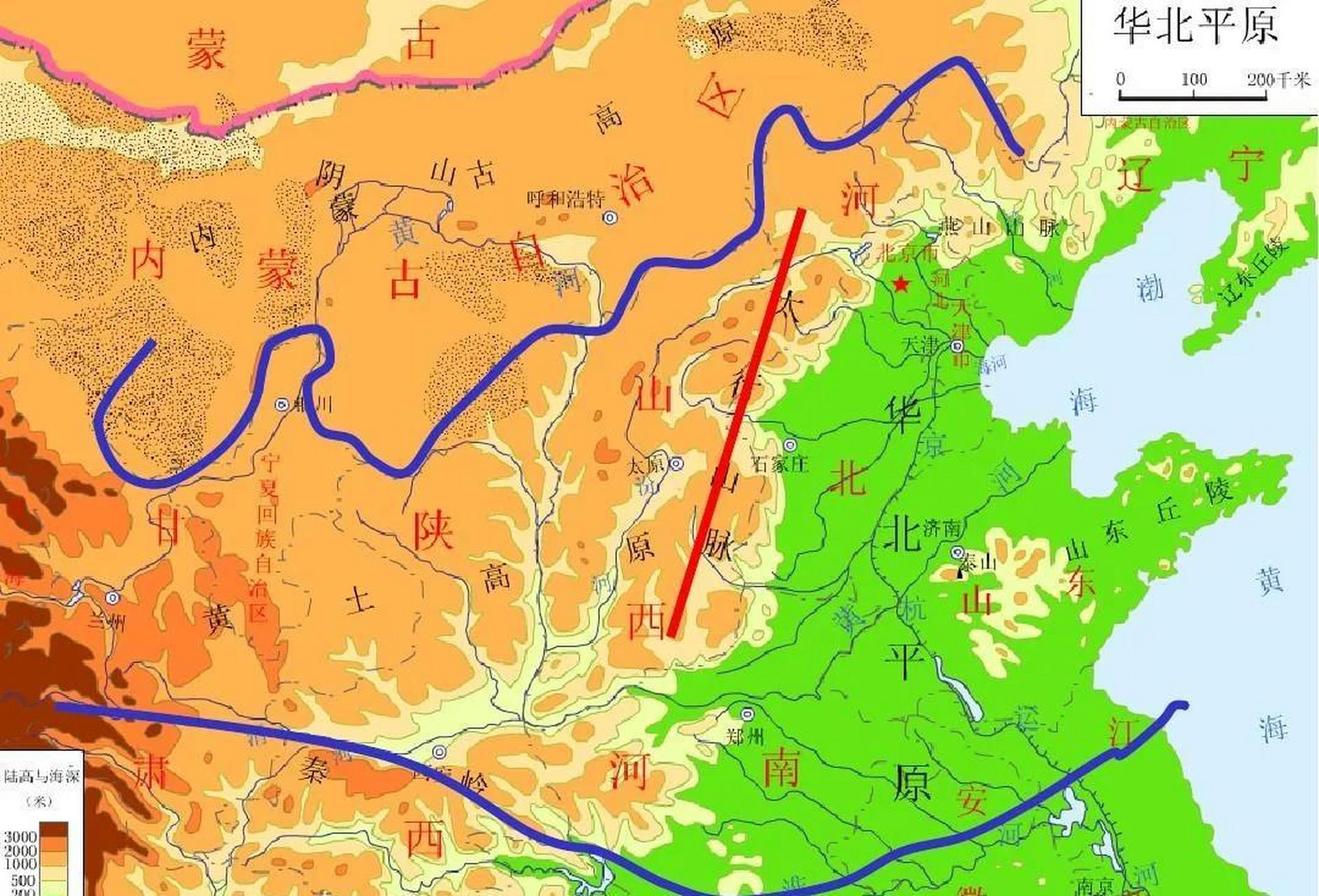 山东和山西分别位于太行山东西两侧,但是两省并不交界,因为中间有河北