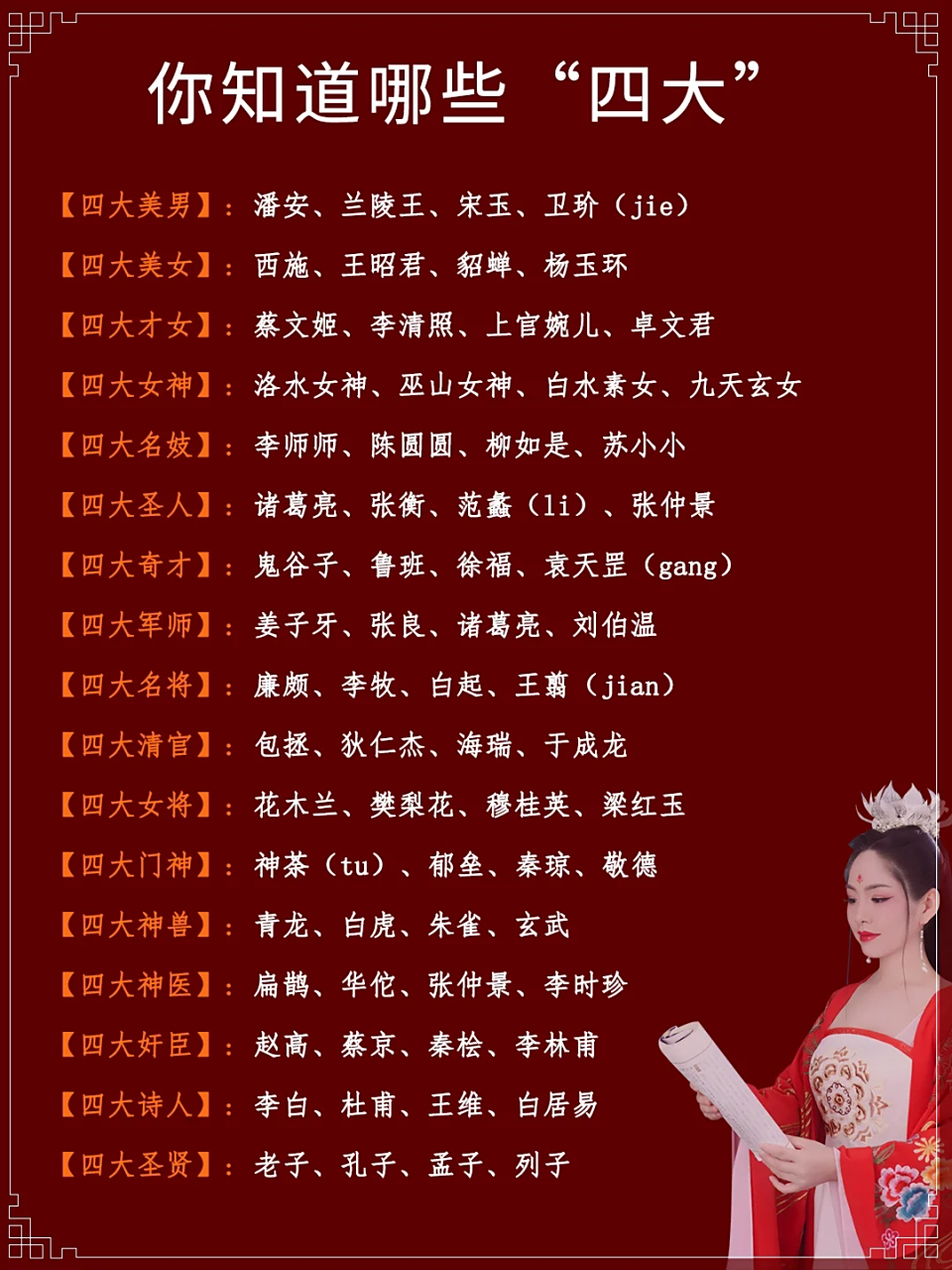 四大  【四大美男】: 潘安,兰陵王,宋玉,卫玠(jie) 【四大美女】