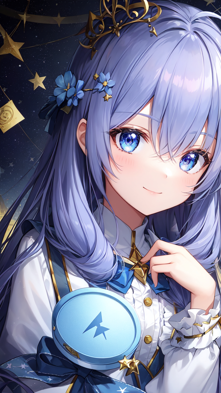 今日关键词分享 拿着蓝色星空花纹的圆形的化妆盒的长发少女,抬头仰望