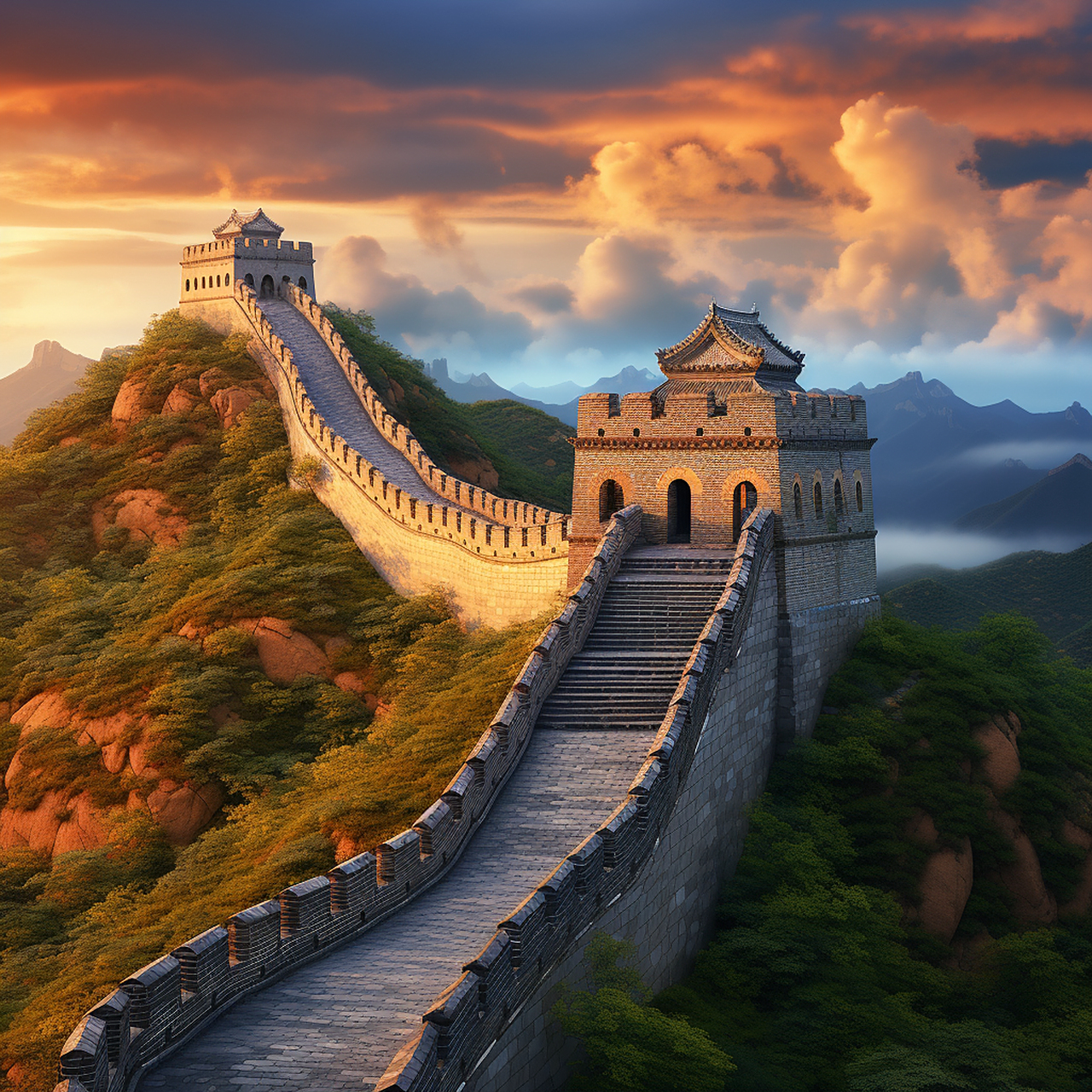 ai作图分享 prompt:橙色和蓝色日落背景的中国万里长城的逼真特写镜头