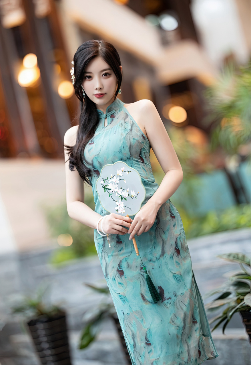 性感蓝暗绿色旗袍服饰性感诱人原色丝袜,丰盈美胸娇柔曼妙姿态妩媚动