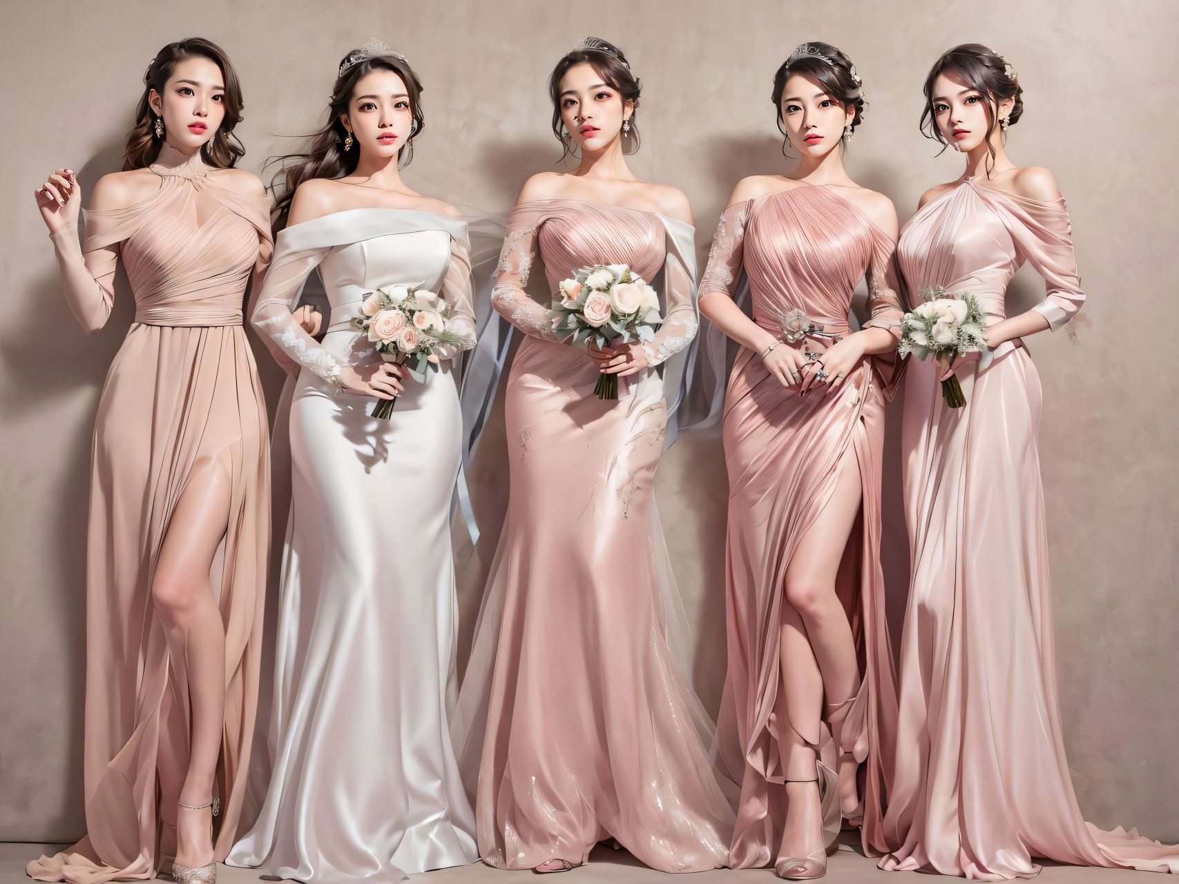 一群伴娘身穿各色伴娘装和新娘,手捧鲜花,笑容甜美,幸福满满,留下美好