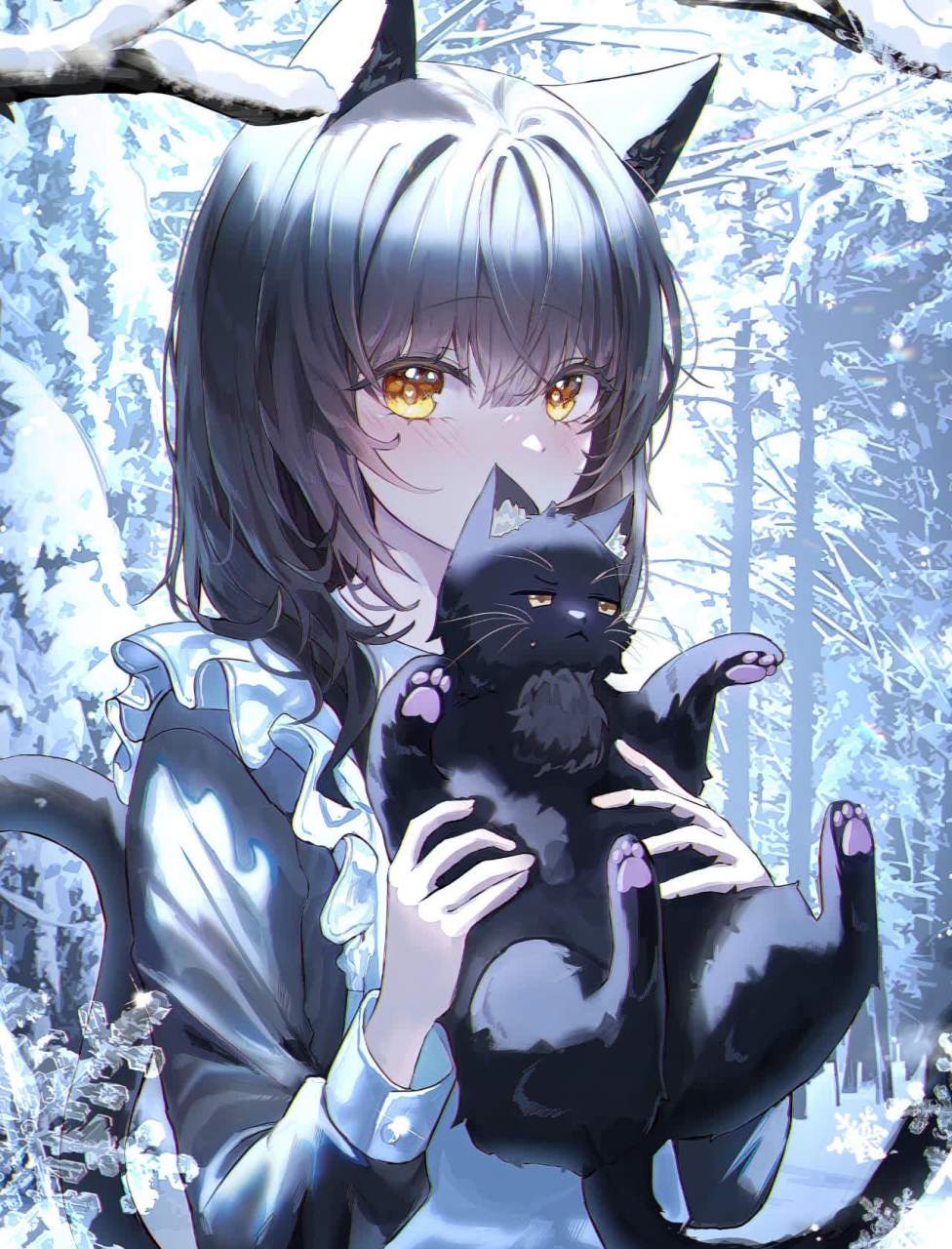 大雪中抱着毛茸茸的小猫(黑猫),真的一点也不冷!  !