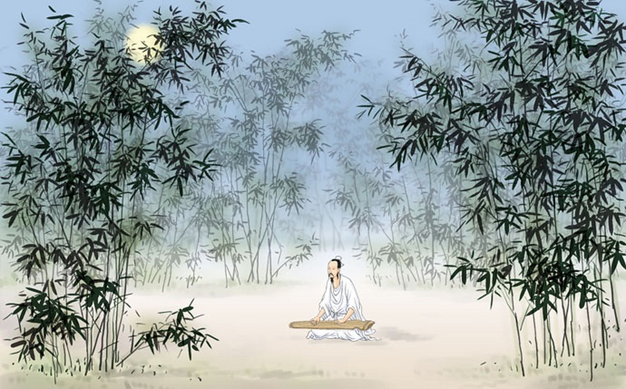 竹里馆  王维  独坐幽篁里,弹琴复长啸.  深林人不知,明月来相照.