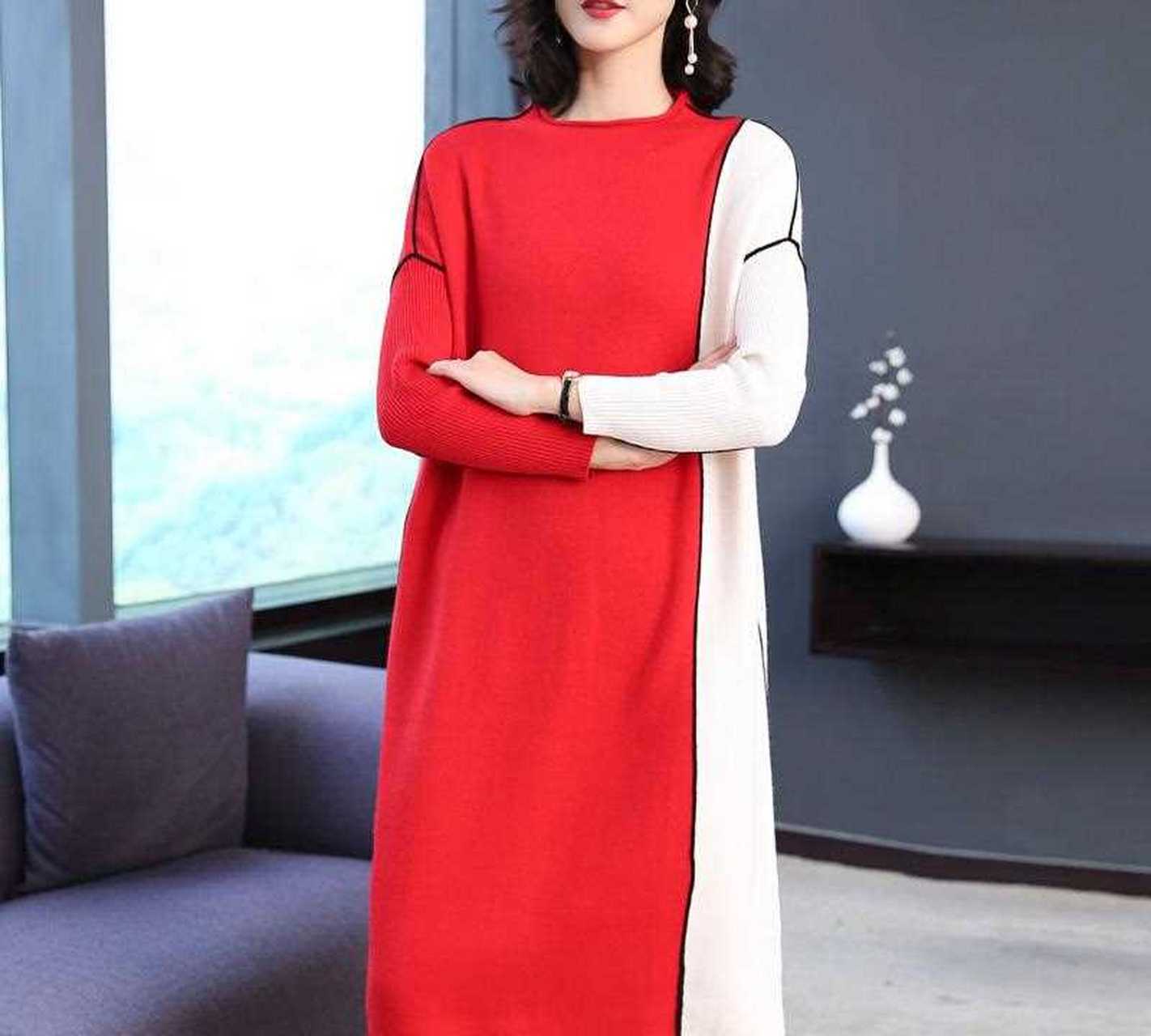 秋装新款气质高领长袖拼接连衣裙,宽松舒适中款裙,宽松显廋,修饰腿型