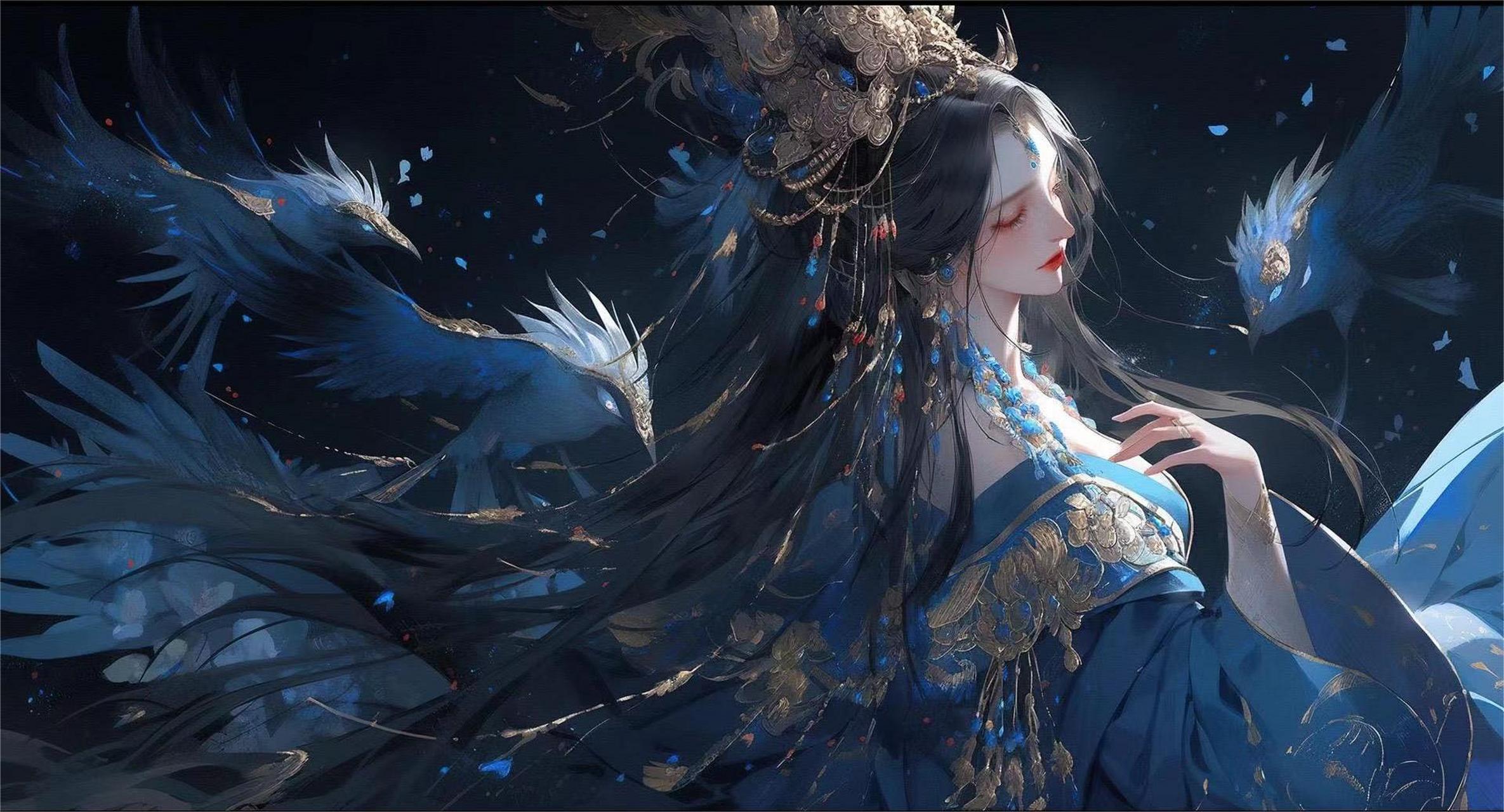 蓝色系横版古风插画:水袖舞姬唱今生,有幸流年曾相识.