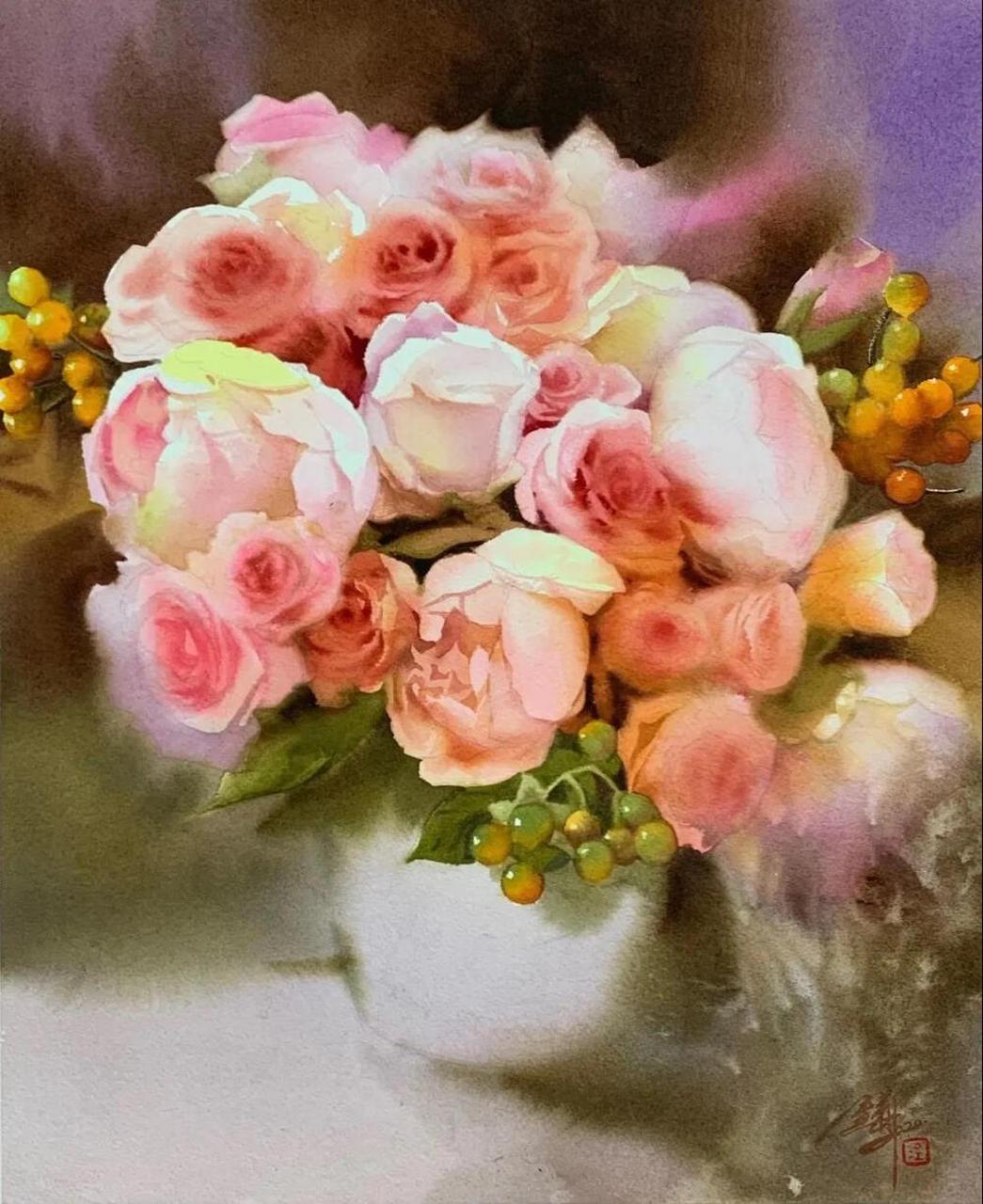 中国水彩画家金莉的写意花卉水彩 