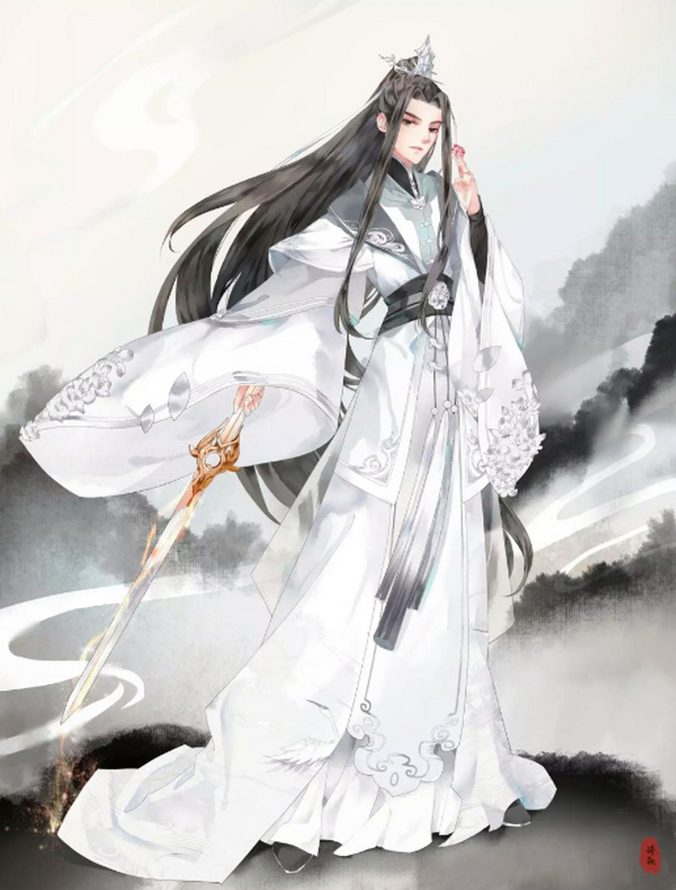 晚宁一手执海棠花,一手拿着剑,白衣翩翩,颇具仙风道骨,是最霸气也是最