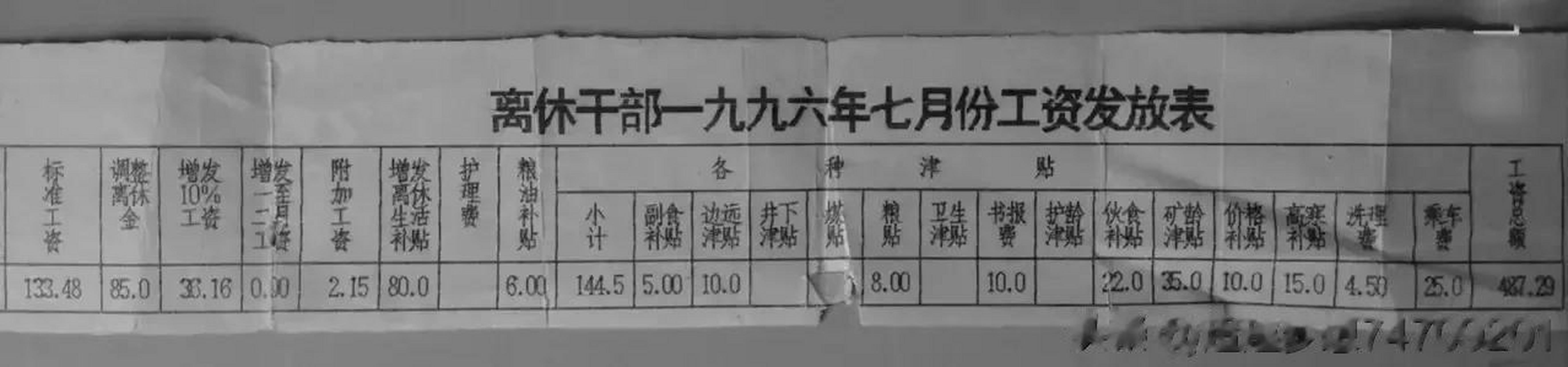 这是网友分享的一位1996年退休干部每月工资单,各类补贴加起来为487