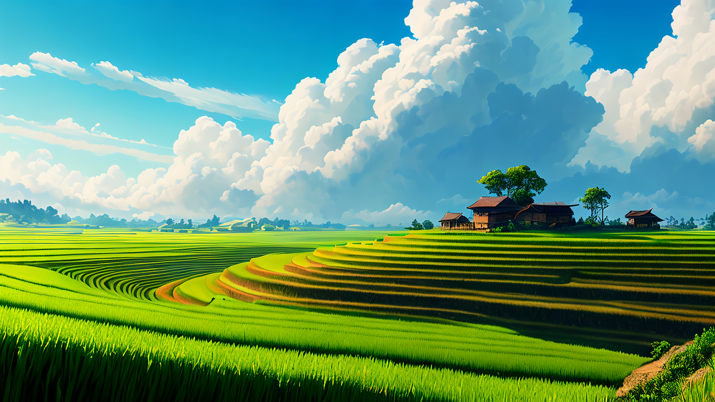 文心一格#  蓝天白云下的梯田,绿意盎然,宛如一幅画卷