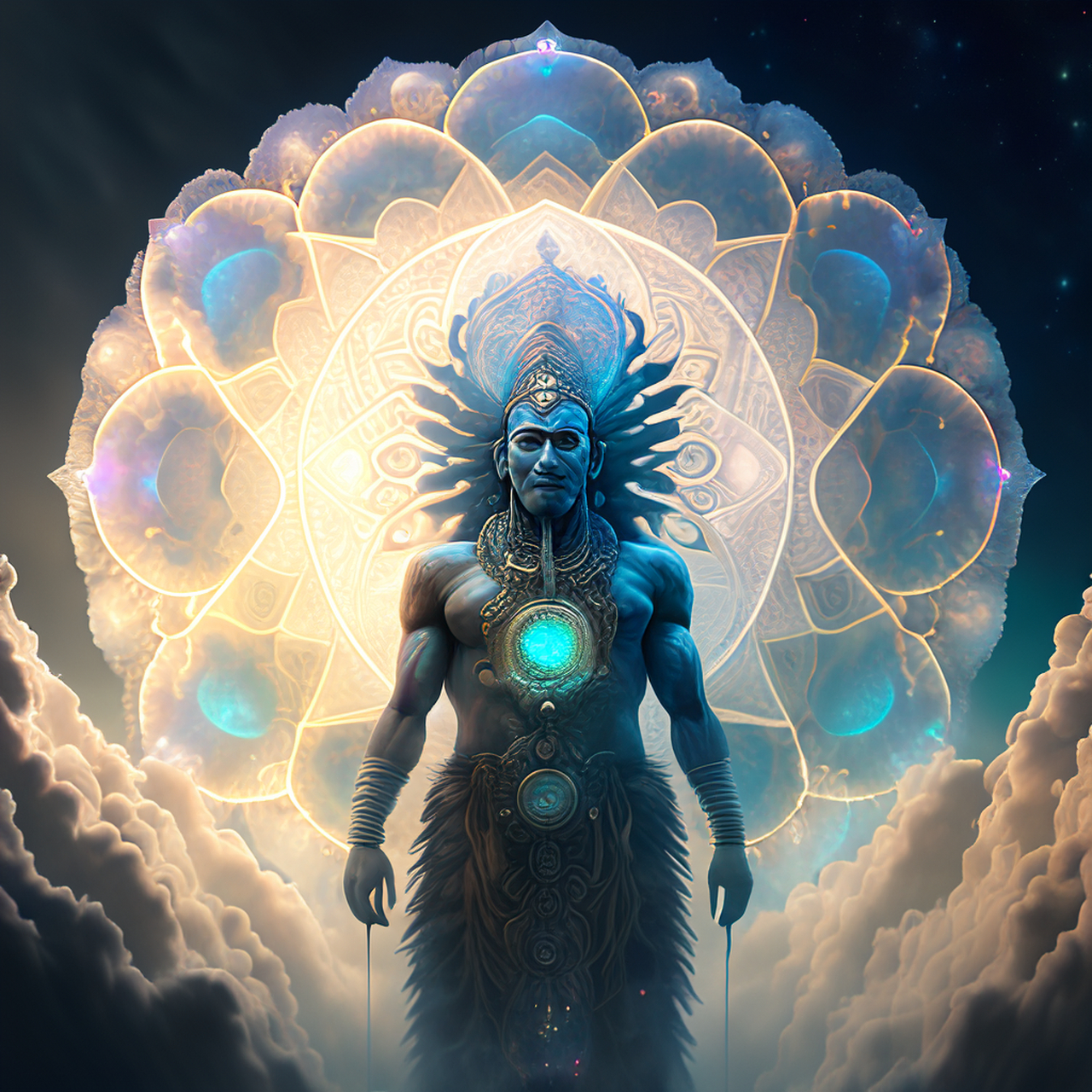 多重宇宙海洋之神,巨型曼陀罗,萨满萨满,金属萨满,全息云,半透明,庄严