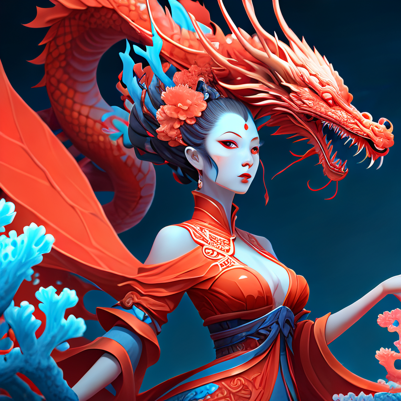 红蓝双色光,角色概念艺术,春闲置酒邀龙女,新截珊瑚造海船.