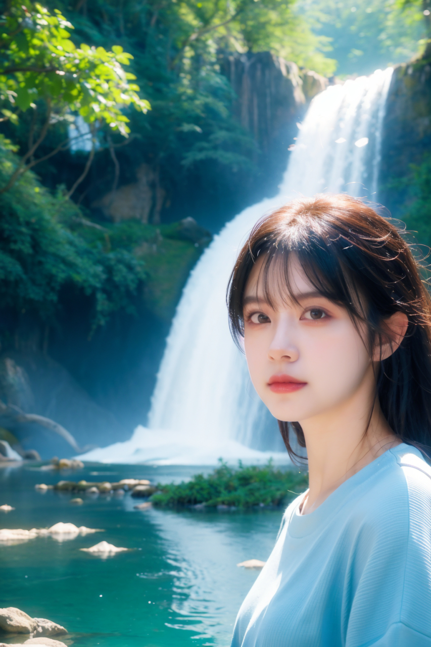 山涧,瀑布,小溪,美女 #ai美女