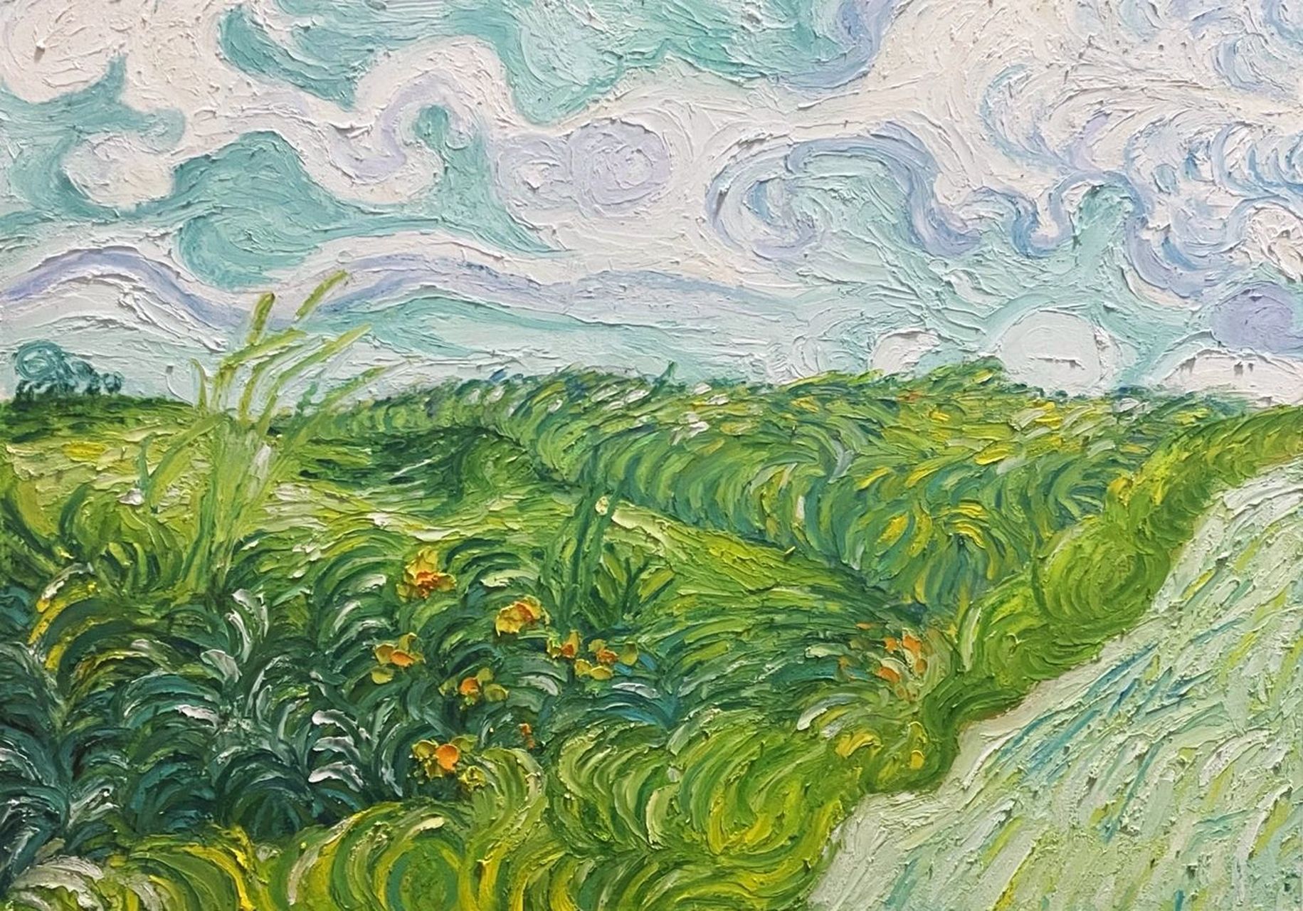 重彩油画棒:梵高《奥维尔的绿色麦田》 临摹感受梵高的笔触,一大片