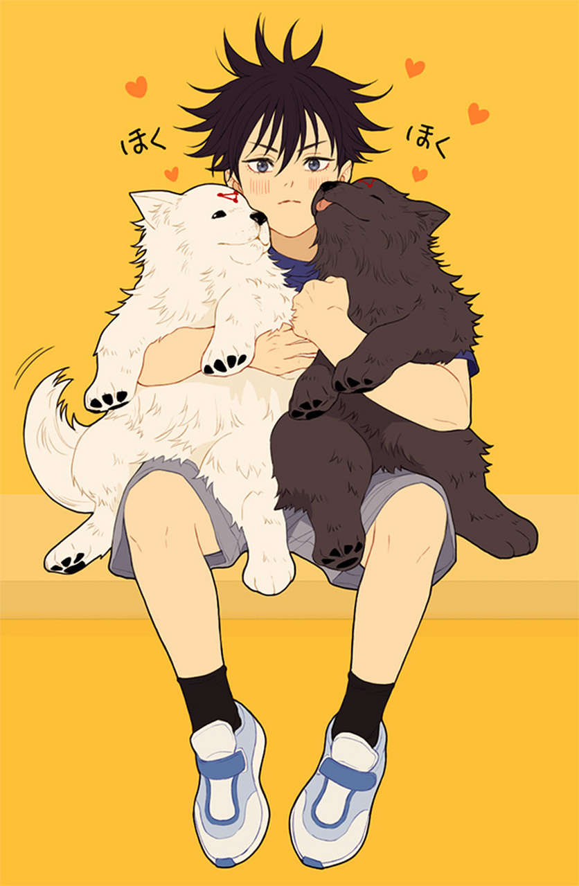 咒术回战# 小时候的伏黑惠和黑白玉犬,来自画师