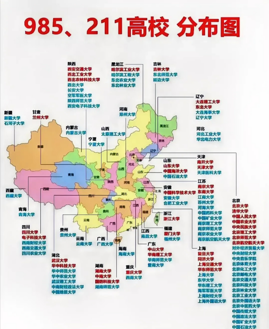 985大学和211大学地域分布一览图  全国一共有116所211大学,其中985