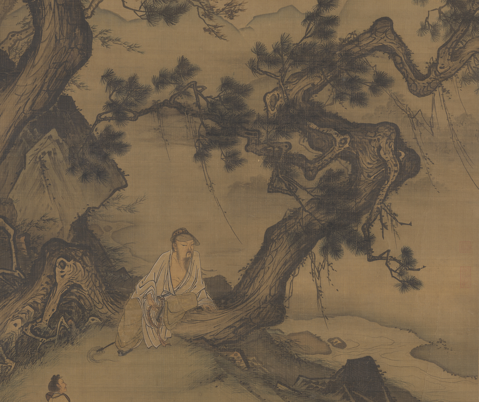 马麟《静听松风图》,画高士憩息松间,松枝受风偏向一方,旁侍一童子