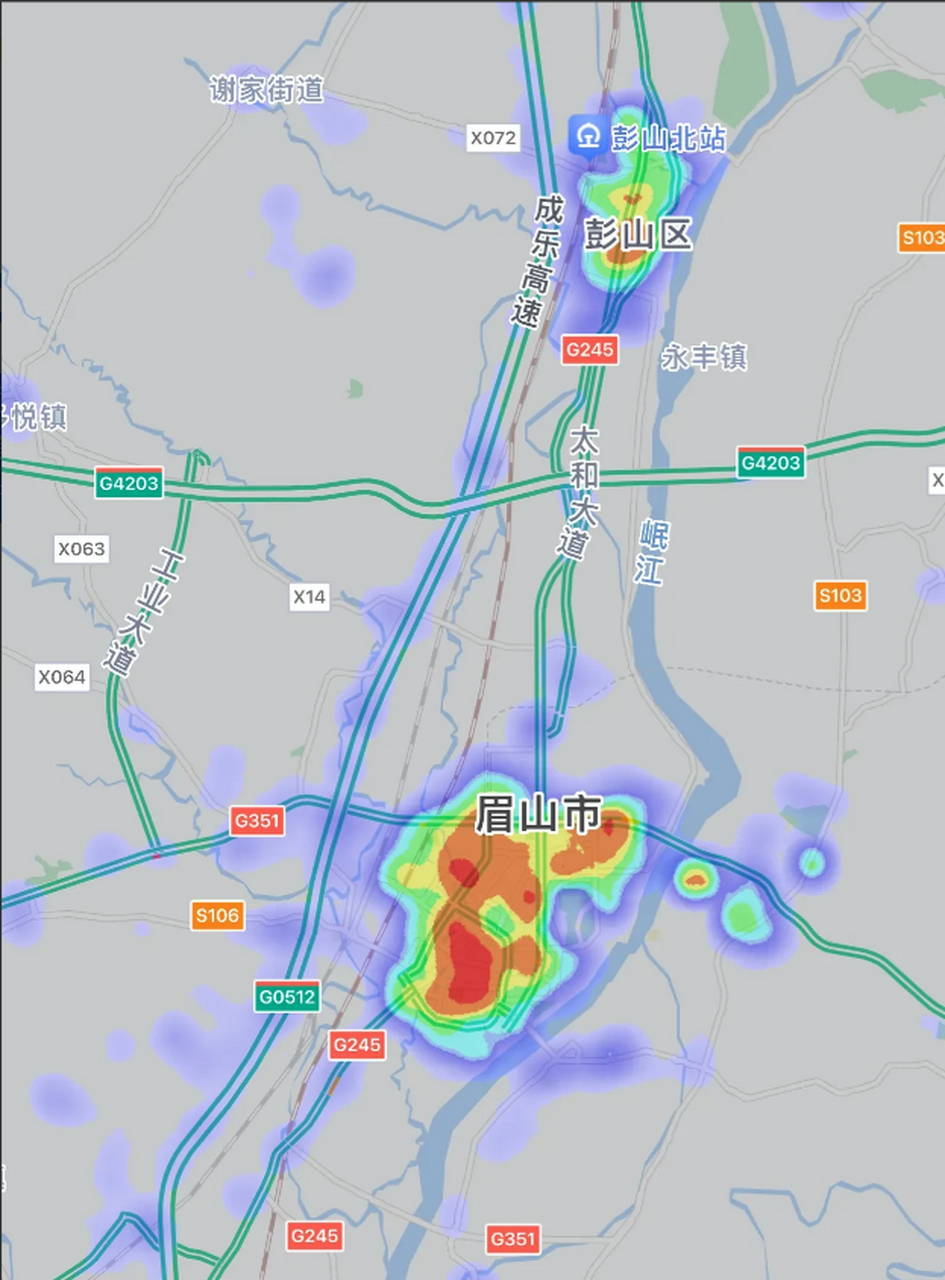 同比例下,四川地级市眉山和乐山两座城市城区热力图对比.