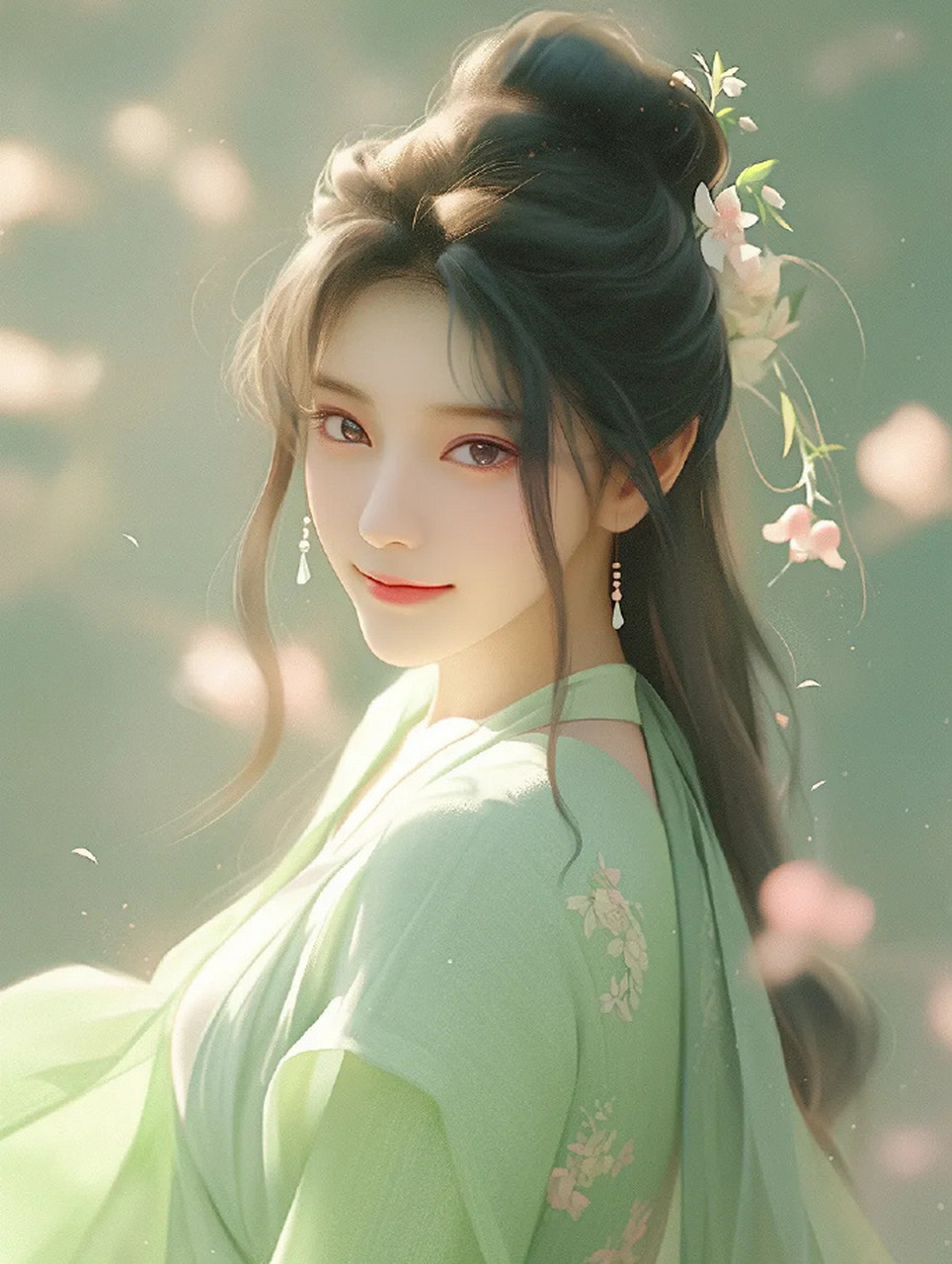 国风汉服绿衣系少女头像 #古风插画