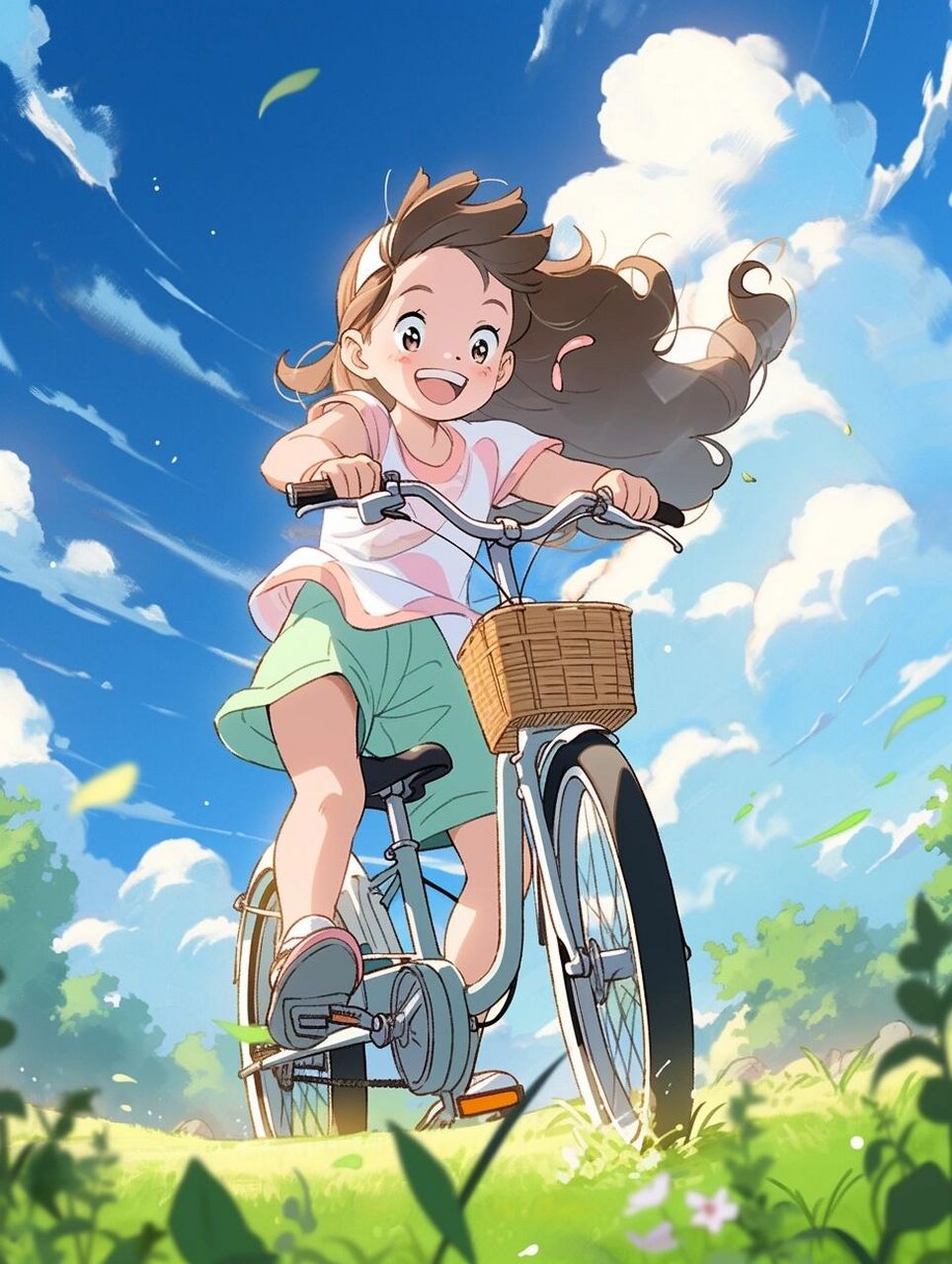 周末一起去郊游  一位骑自行车的可爱女孩,背景中有绿色的草地和云彩
