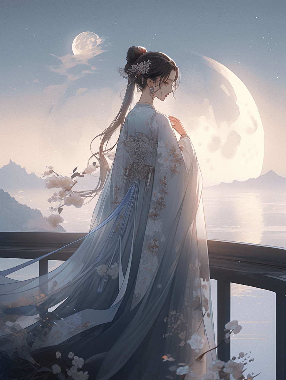古风插画:月满西楼  红藕香残玉簟秋.轻解罗裳,独上兰舟.