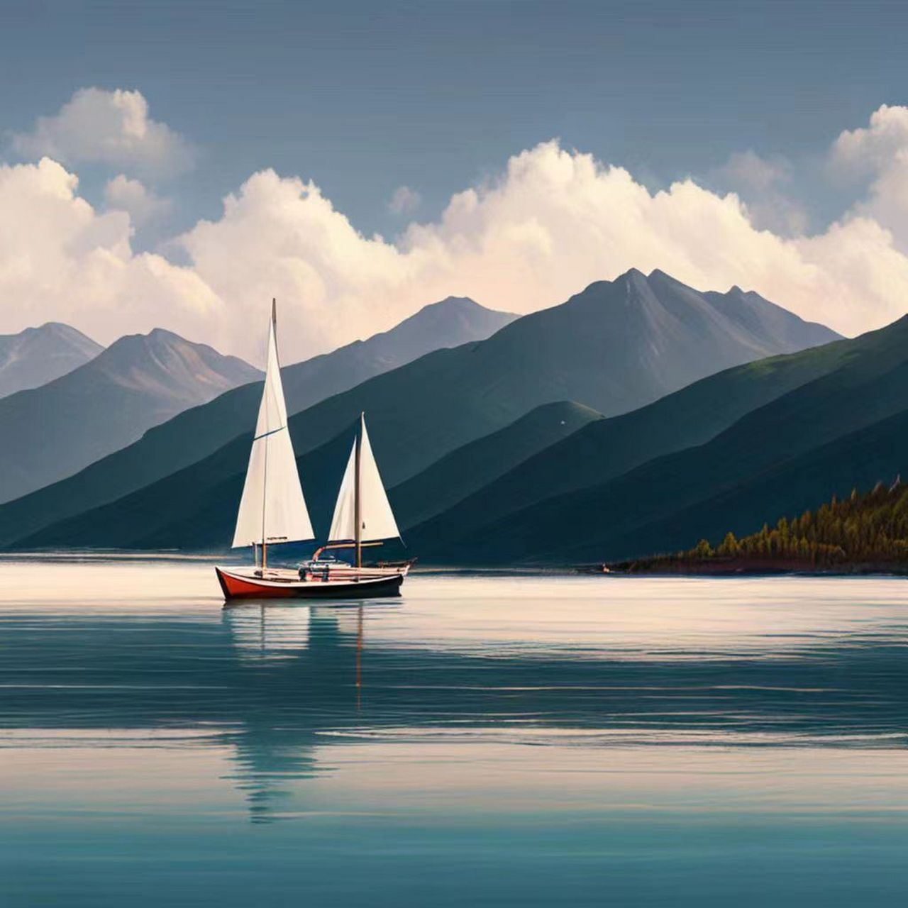 山水之间,一叶孤帆,富有诗意.