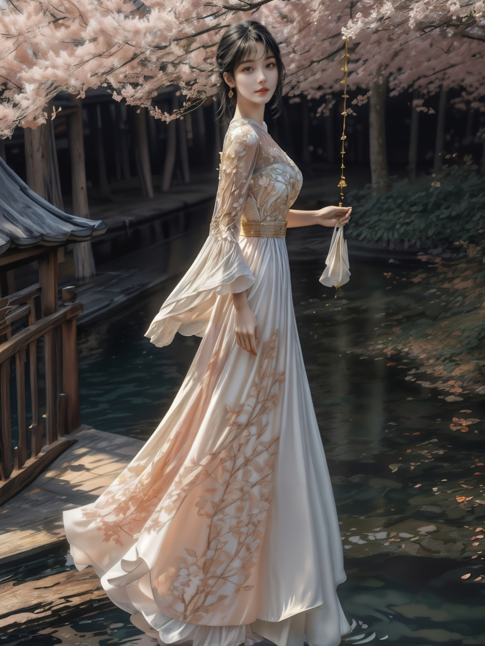 ai美女图片#每日ai美女秀	小姐姐身穿蓝色丝绸汉服,站在一座半圆形的