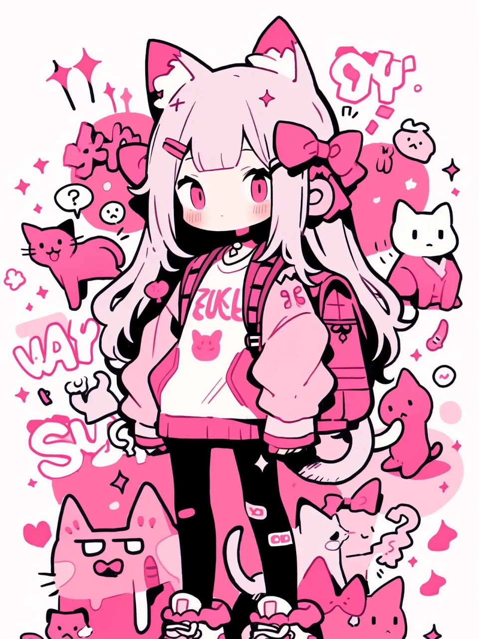 midjourney粉色系涂鸦可爱猫系女孩