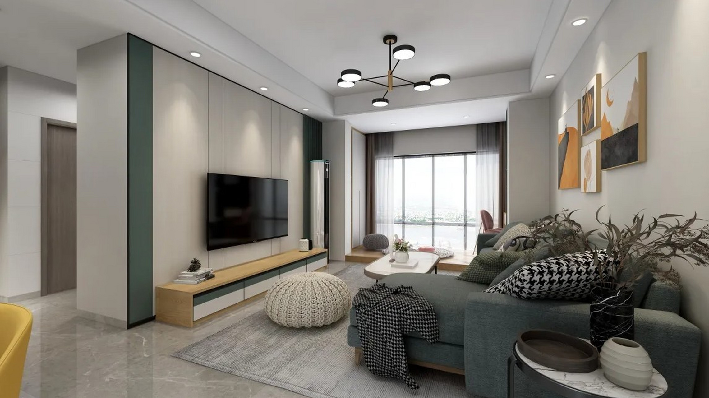 颜色搭配合理, 电视墙看起很大气,应用黑白灰搭配, 整体效果很美观