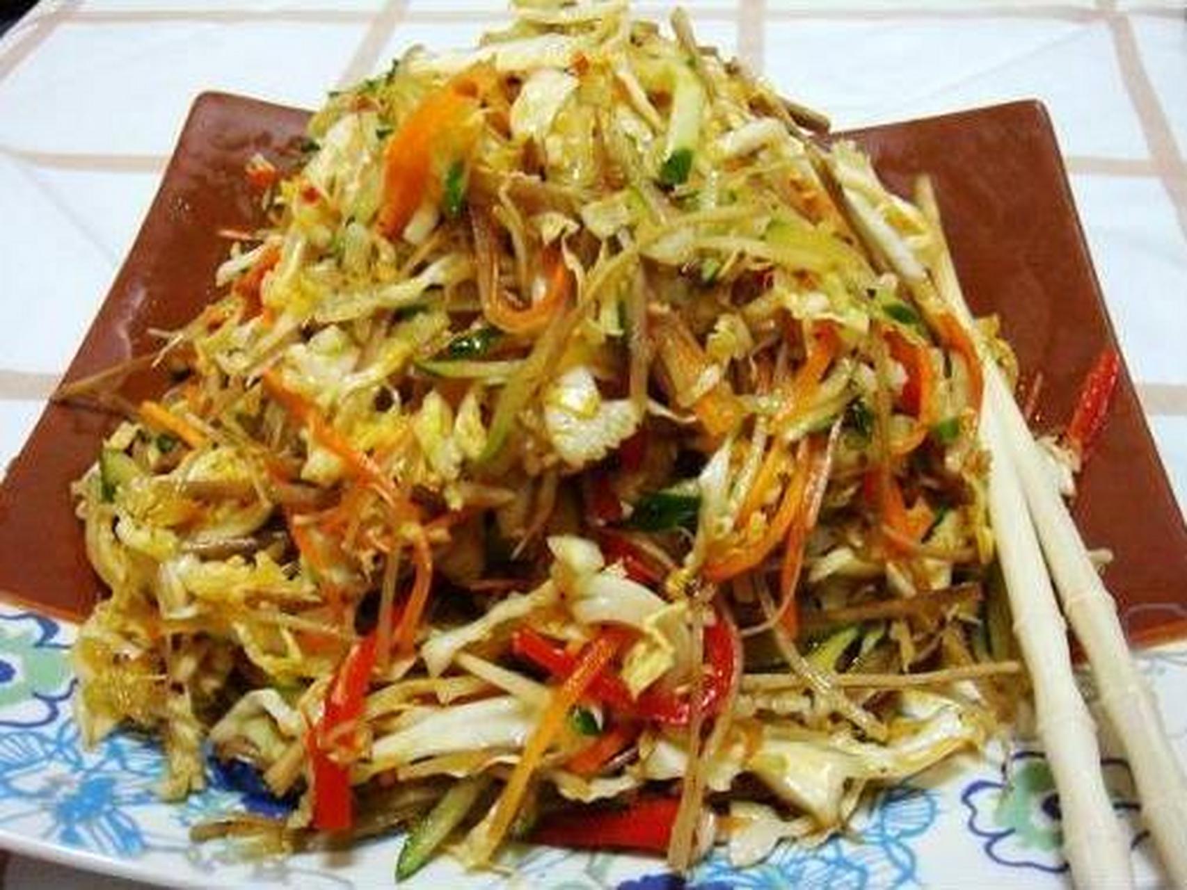 凉拌蔬菜丝的做法 食材: 大白菜心,圆白菜(也叫包菜,椰菜),牛蒡,黄瓜