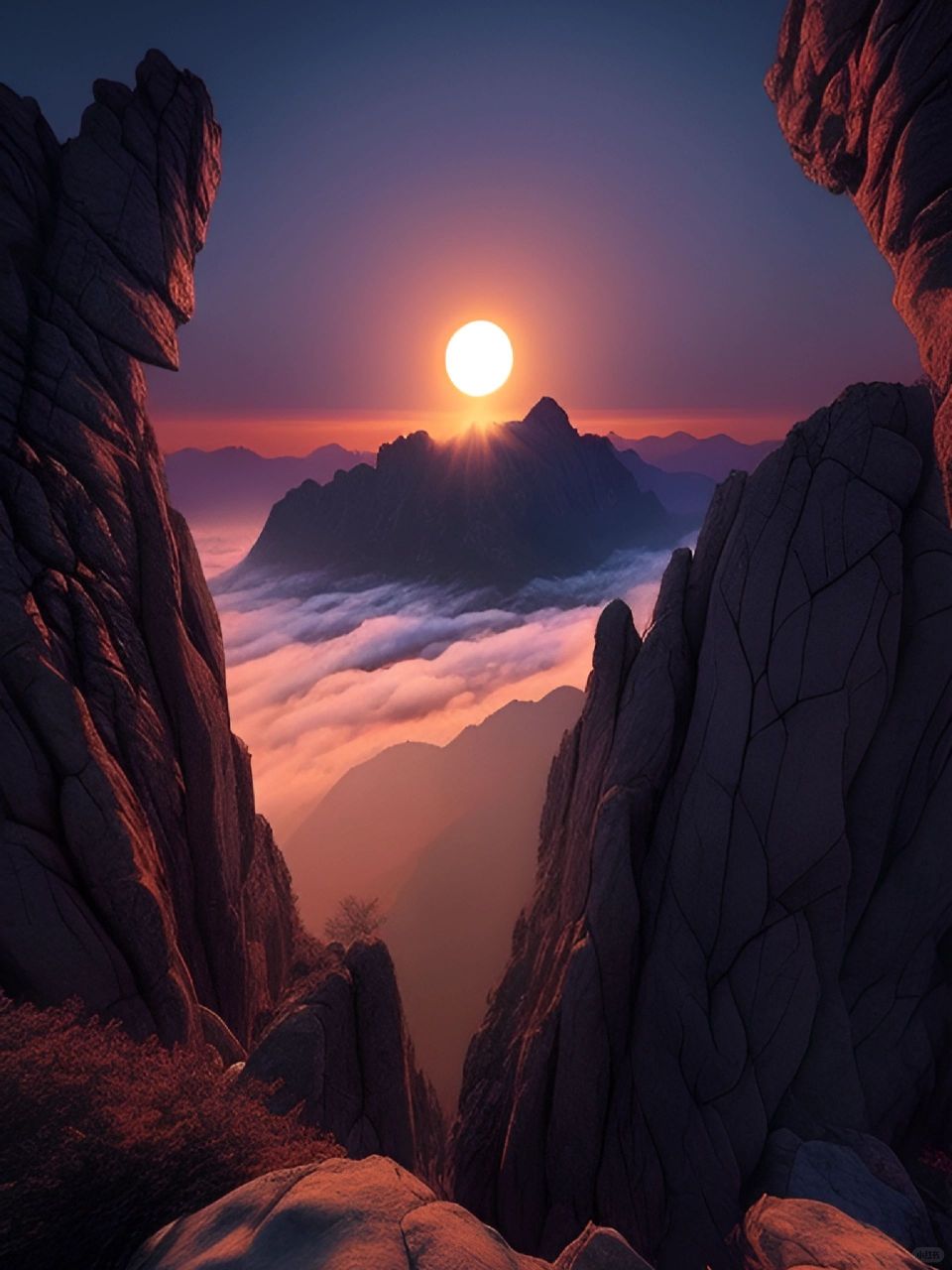 远眺泰山山顶,霞光万道,云海朦胧.