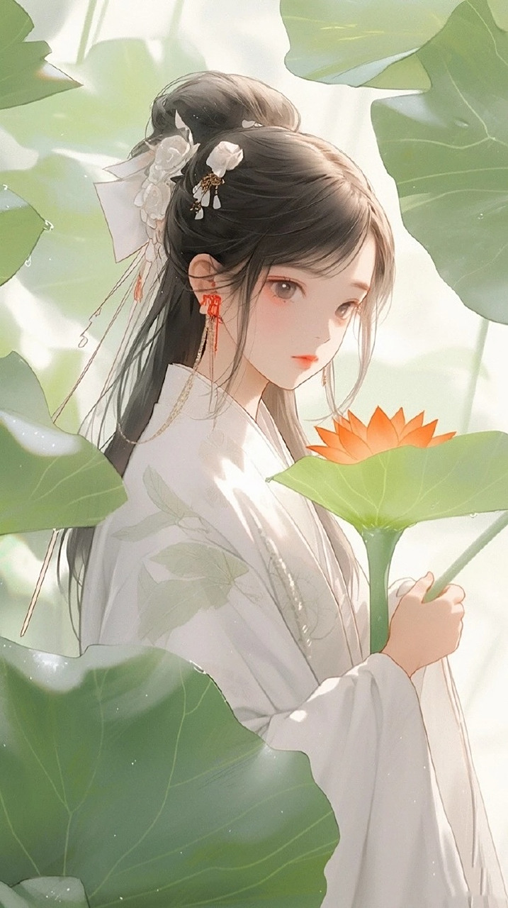 清纯绝美荷花仙子插画壁纸