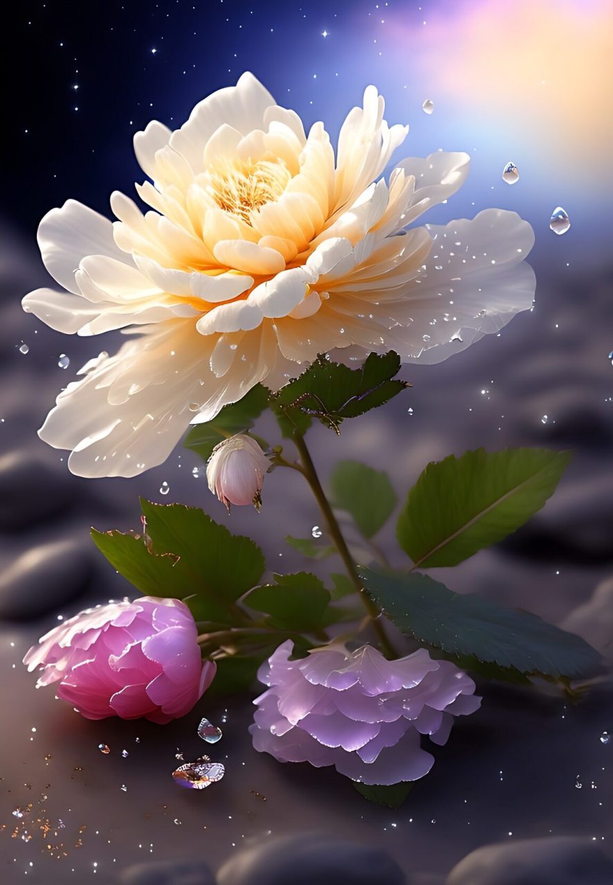 这是一朵柔和的玫瑰花, 叶子上雨水滴滴答答, 花瓣清晰得如梦似幻, 大