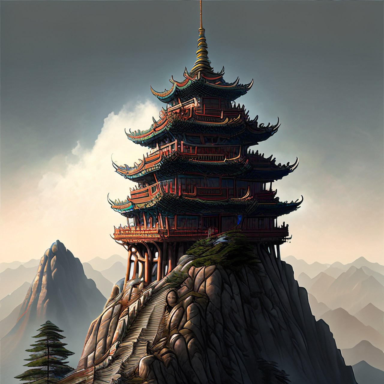 高高山顶寺,更有最高人.中国风,优美,淡雅#百度ai绘图黑科技